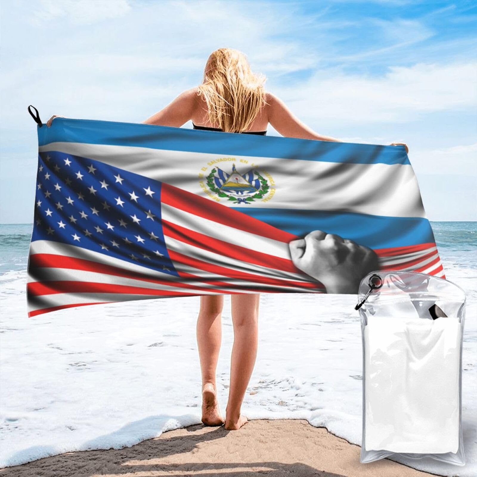 HACXZ Beach Towel America Flag and Salvador Flag Microfiber Beach Towel Lightweight Absorbent 27.5"X55"