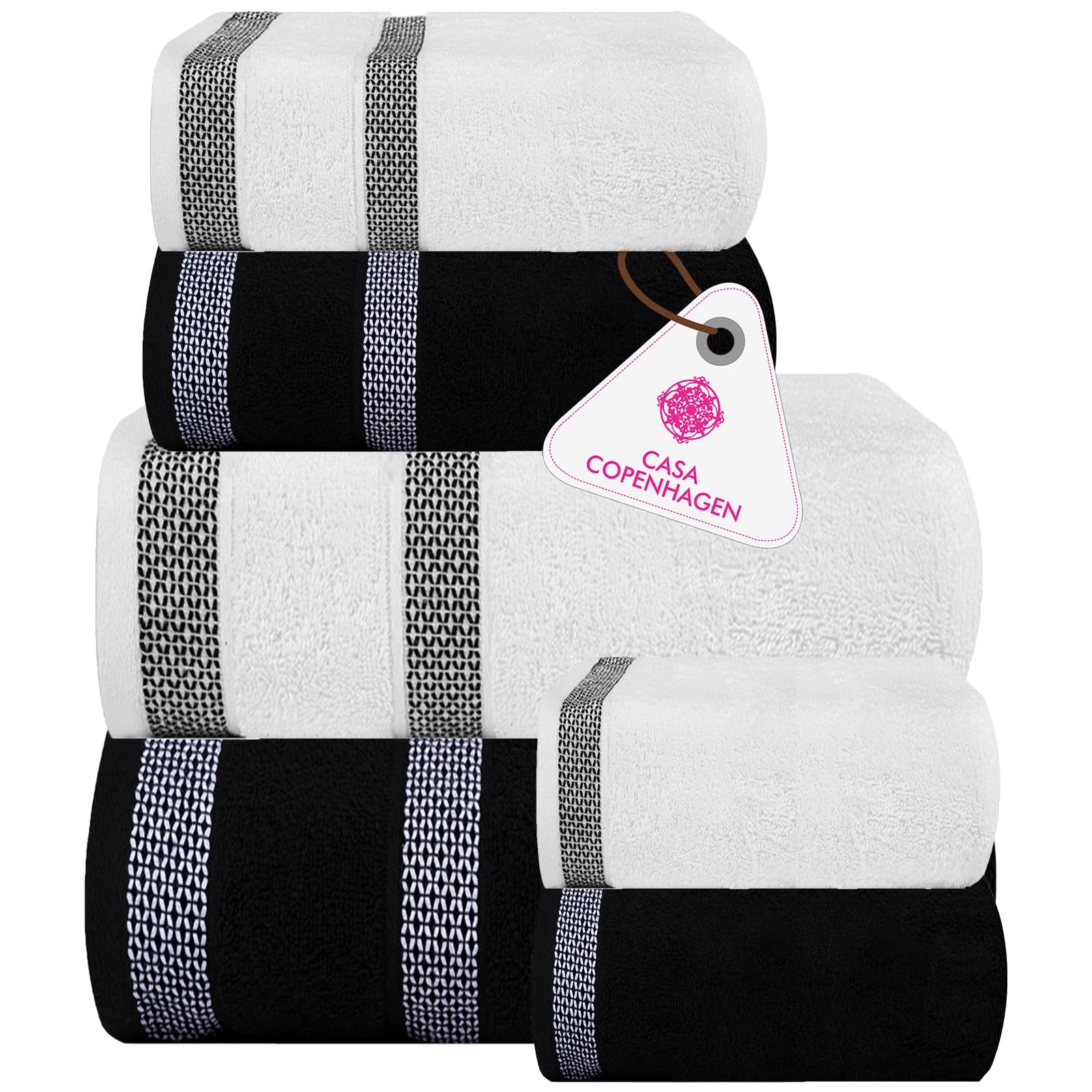 Casa Copenhagen Juego de 6 Toallas de baño 600 gsm, Negro-Blanco | Solitaire Mix 100% algodón egipcio puro para baño, cocina y ducha 2toallas baño, 2de mano, 2paños (set regalo mujer y hombre)