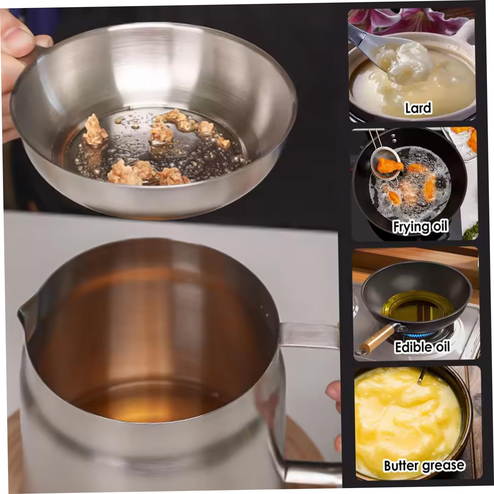 Pentola per filtro dell'olio in acciaio inossidabile, pentola per friggitrice da 1,5 l, con filtro e cestello per friggitrice, rete multifunzione per arrosti, contenitore grasso serbatoio