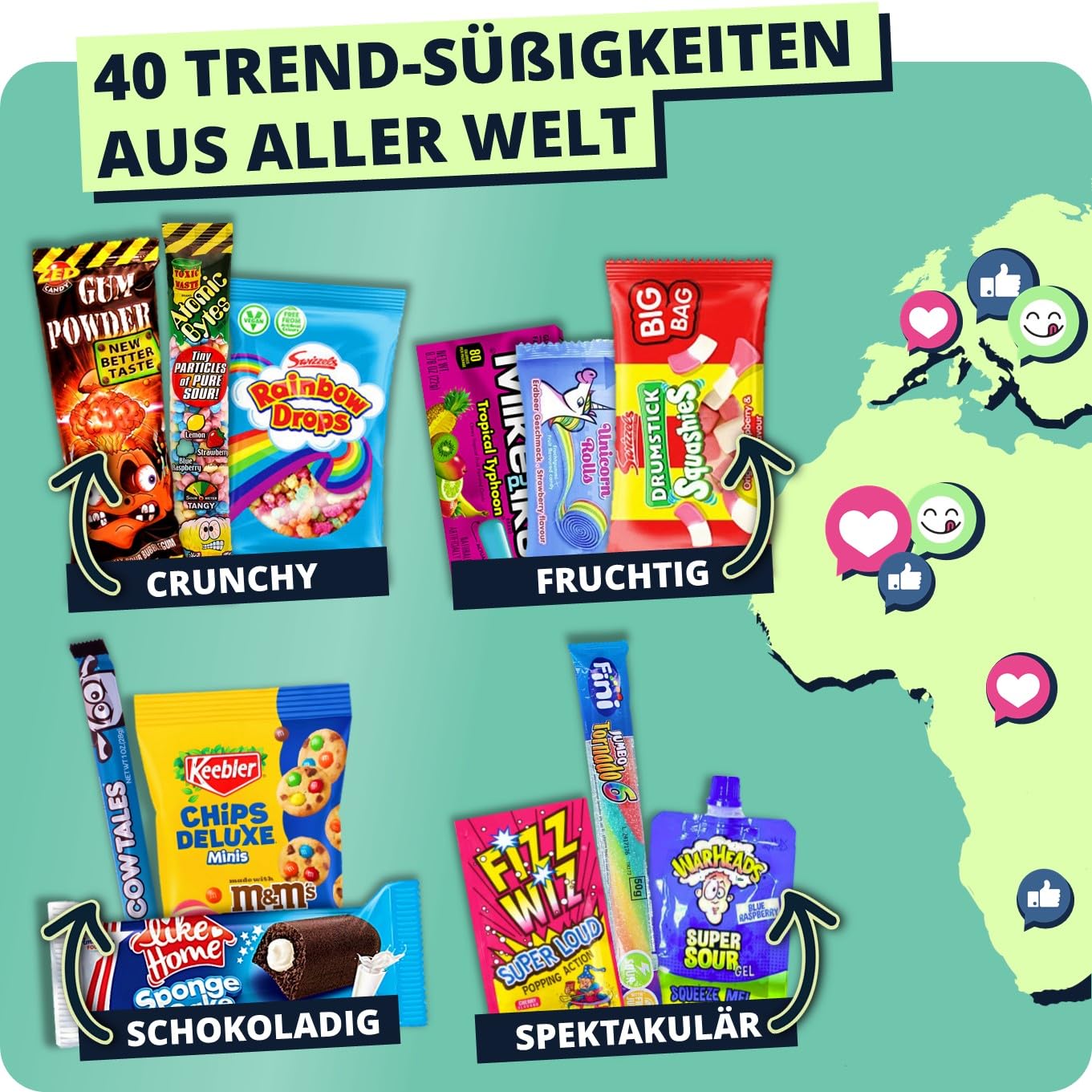 40 Trend-Süßigkeiten aus aller Welt in einer Box auch als Geschenk z.B. zum Geburtstag - XXL Mix mit amerikanischen Süssigkeiten und Sweets