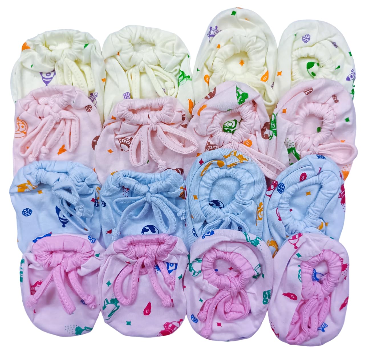 CUTEABLY Soft Cotton Mittens and Booties for New Born Baby/Cotton Cloth Tying Knotted Mittens for Infant (Multicolor, 0-6 Month)-Pack of 4