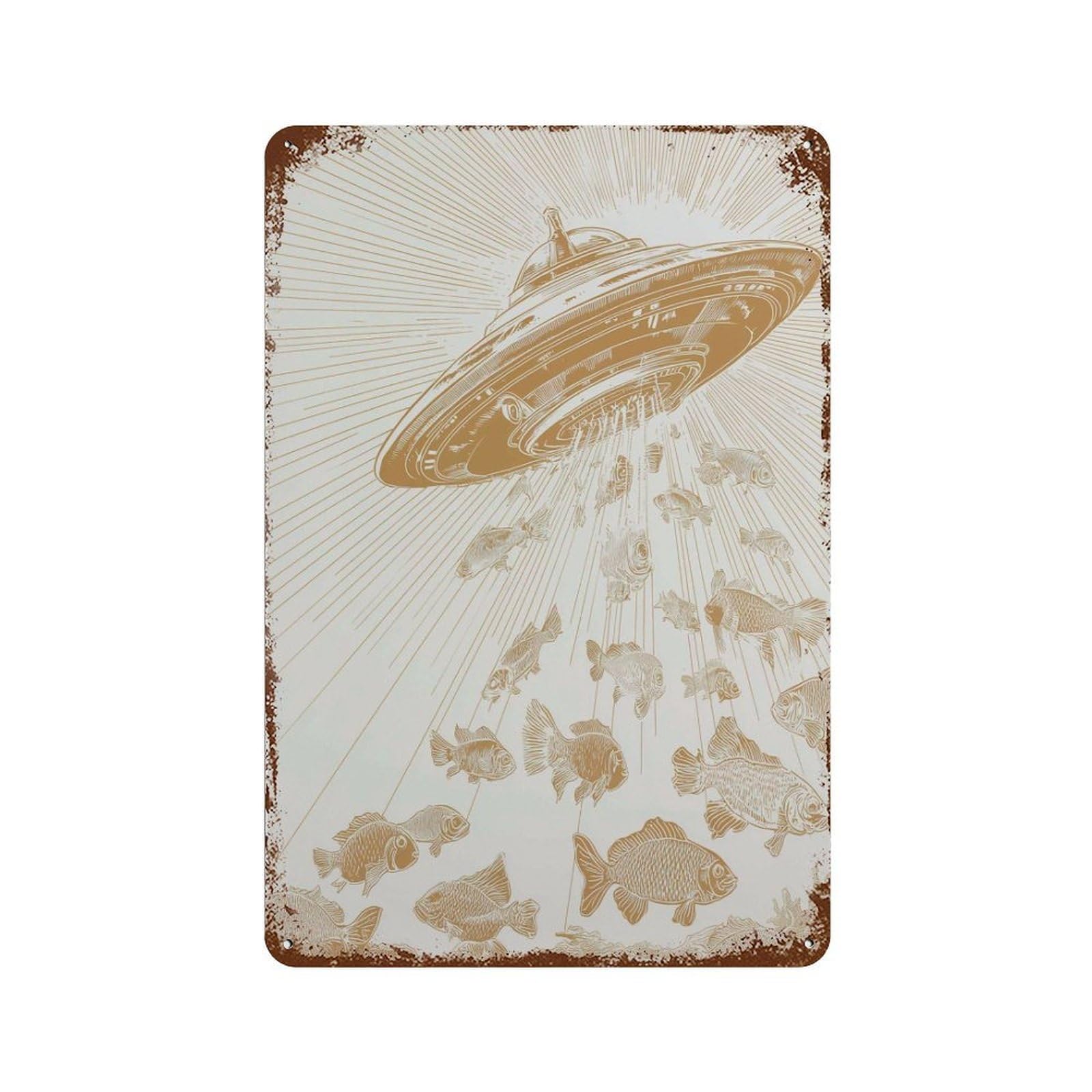 xiaoxiaoshen Fish Abduction UFO – Surreal Gold Line Whimsical Alien & Ocean Scene Unique Wall Decor Art Metal Tin Poster Modern Home Decor Art Home Bar Shop Decorations Vintage Sign 30x20cm