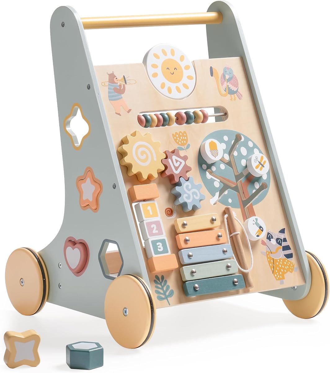 ROBUD Wooden Baby Walker, Baby Push Walker with Activity Center and Storage, Montessori Walker Toy for Boys and Girls Learning to Stand and Walk, Blue