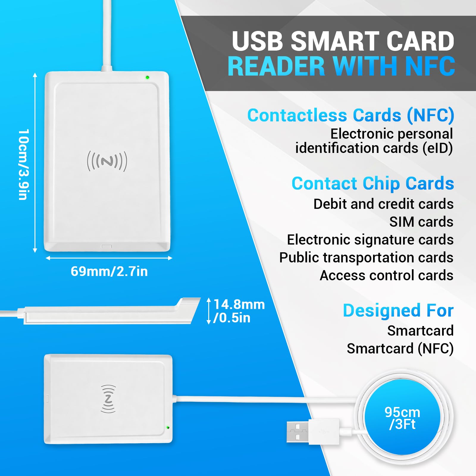 Lettore di Carte USB con NFC, CIE Lettore di Smart Card USB con NFC, Schede CAC e Schede Contactless, Supporto Identità Elettroniche eID, Tessere Sanitarie, Credito, SIM, Compatibile ID DNI DNIe nPA