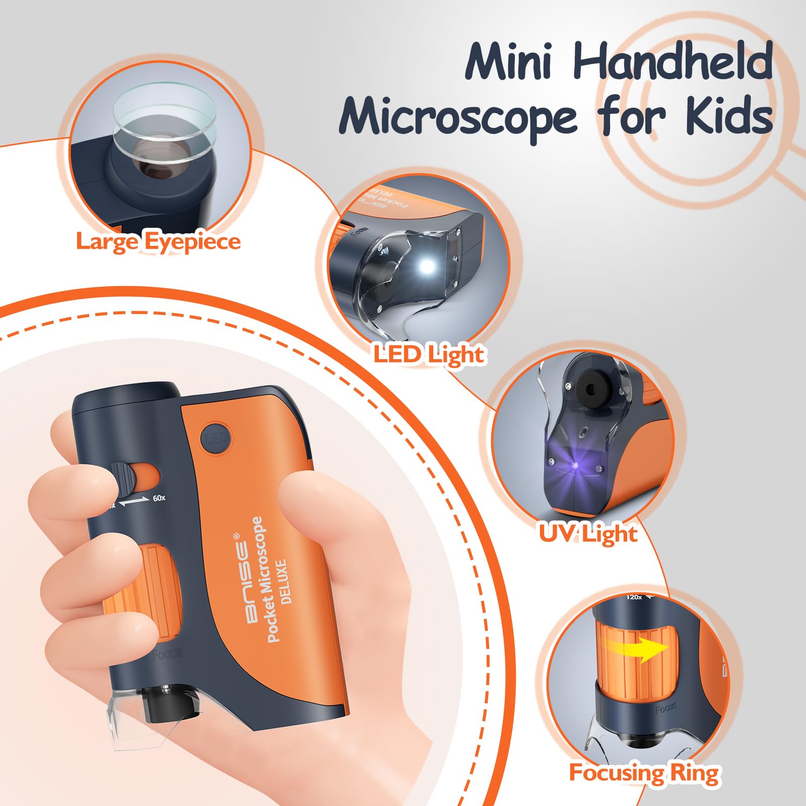 Mikroskop kieszonkowy, przenośny miniskop dla dzieci 60X-120X, ręczny mini miniskop ze światłami LED z futerałem i 5 szkiełkami mikroskopowymi do badań laboratoryjnych, zestaw edukacyjny