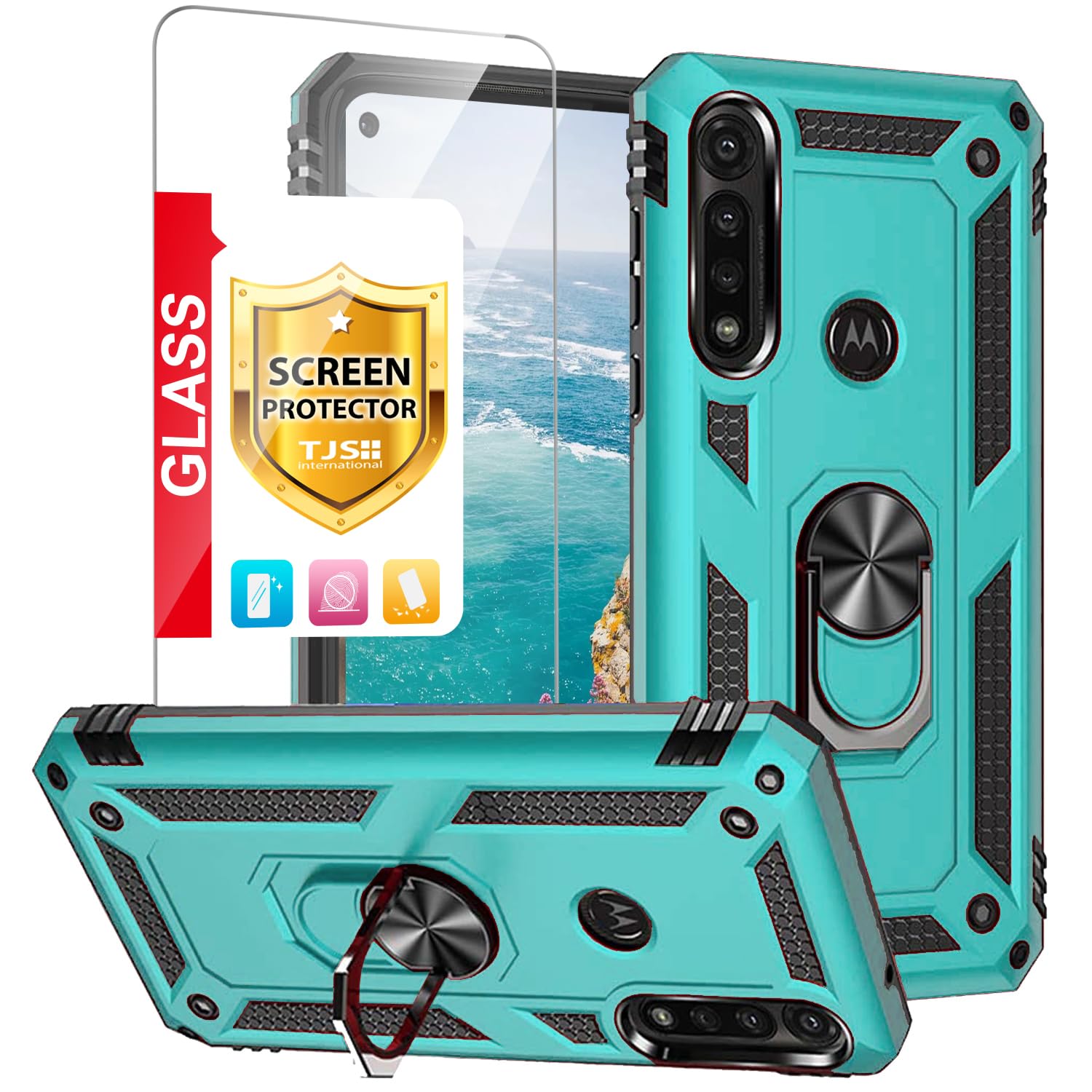 TJS Compatible with Motorola Moto G Power (2020) Case, with [Tempered Glass Screen Protector] Metal Ring Magnetic Support Kickstand Heavy Duty Drop