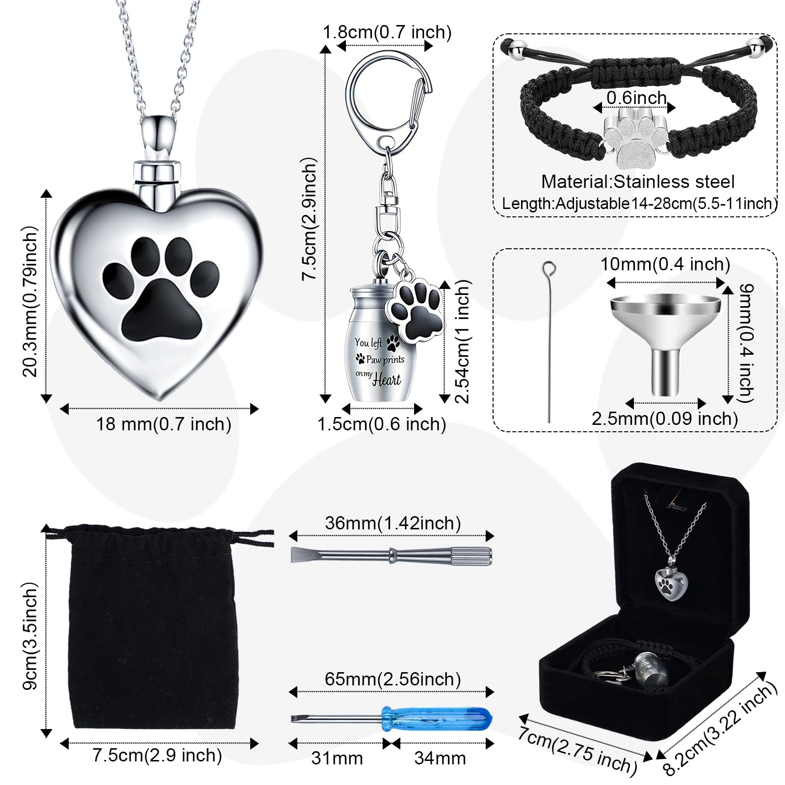 FACULX 3-Piece Cremation Jewelry Set for Ashes - Heart urn Necklaces for Ashes, Paw Print urn Bracelet for Ashes, Keychain - Ashes Keepsake for Pets with Filling Kit & Jewelry Box