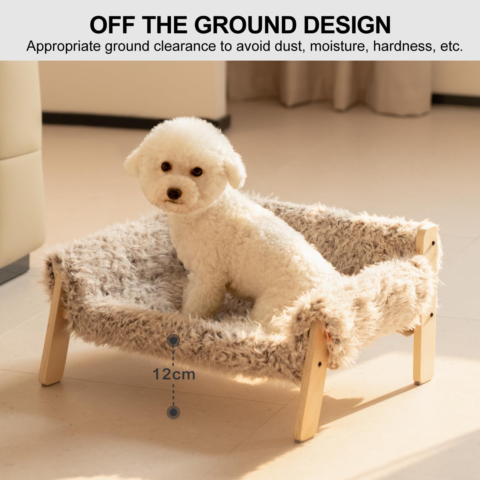 MEWOOFUN Podwyższone legowisko dla kota z drewna, 56 x 45 cm, wytrzymała, duża sofa dla kota – modne krzesło dla kota ze zdejmowaną poszewką na materac, obciążenie 10 kg (56 x 45 cm, brązowe)