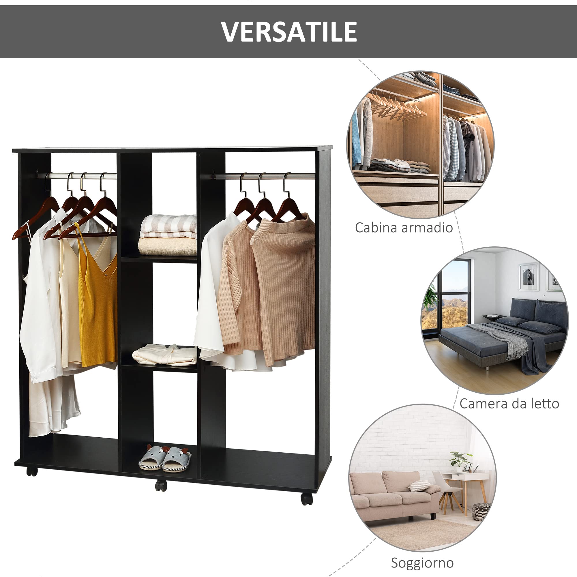 HOMCOM Stand Appendiabiti con 6 Ruote, Appendiabiti da Terra con 5 Ripiani e 2 Aste per Vestiti, Guardaroba Porta Abiti in Legno e Alluminio, per Camera da Letto Soggiorno Corridoio Ingresso, Nero