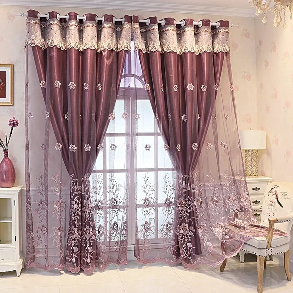 Amidoudou Luxury European Double Layer Curtains with Valance, Embroidered Blackout Drapes for Living Room & Bedroom