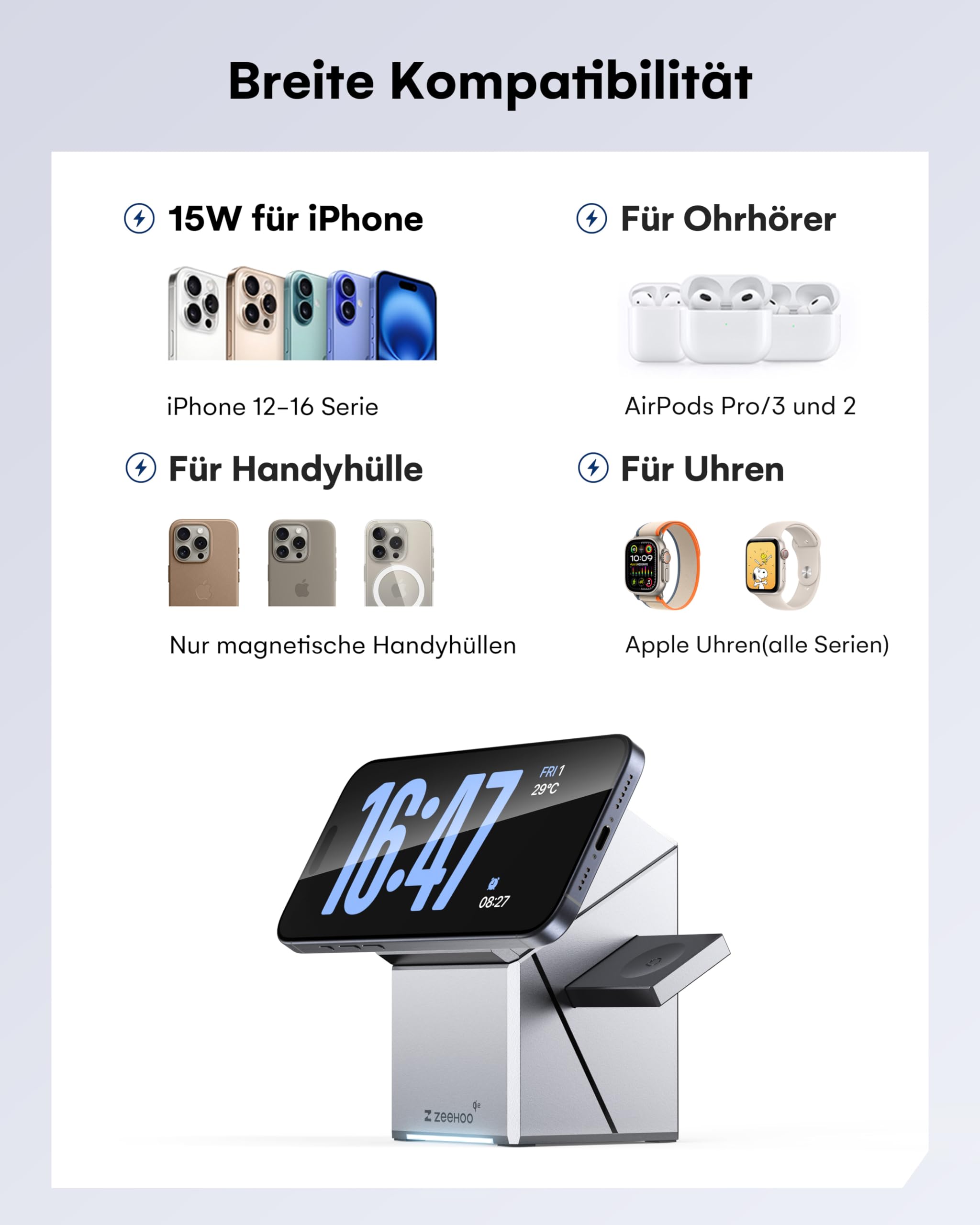 ZEEHOO 3 in 1 Ladestation for Apple Magsafe Ladegerät, CubeTrick-X 15W Wireless Charger für iPhone 16 15, 14, 13, 12 Serie,für Apple Watch und AirPods (30W USB-C Ladegerät enthalten)