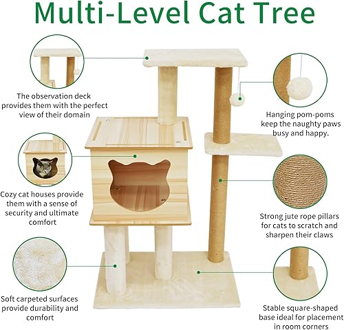 Miniatura 4 de Maedhao Árbol para gatos, torre para gatos, piso a techo, condominio de madera beige para gatos con poste rascador, hábitat de felpa, centro de