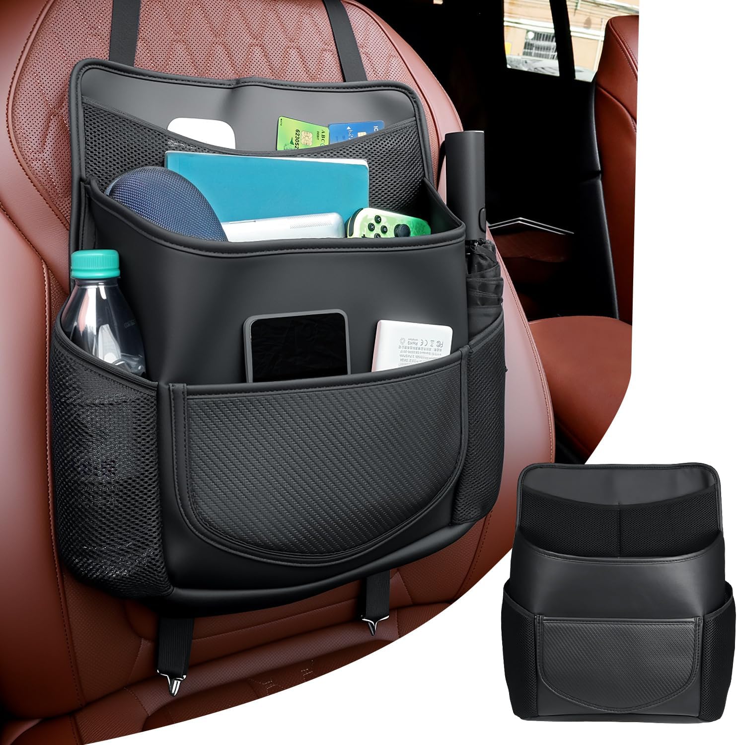 Car Front Seat Organizer Large Capacity Handbag Holder Laptop Bag With Side String Bag Pockets Hanging Carbon Fiber Texture Automobile Storage Bag Front Seats