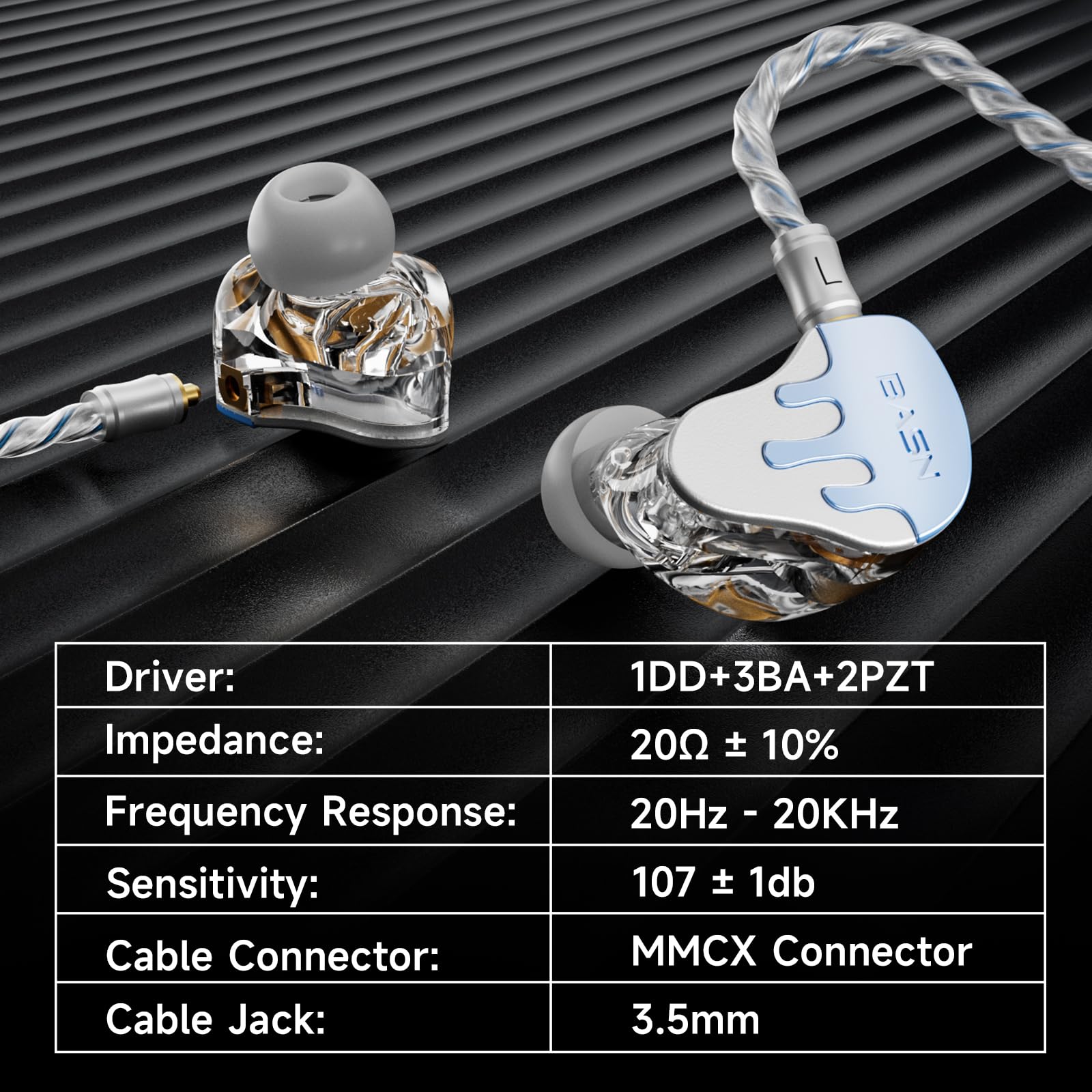 BASN BmasterX 6 driver Hybrid in-ear monitor con isolamento acustico per musicisti, palcoscenico e studio, IEM HiFi professionale, cavo OFC placcato argento a 4 core staccabile e custodia antiurto