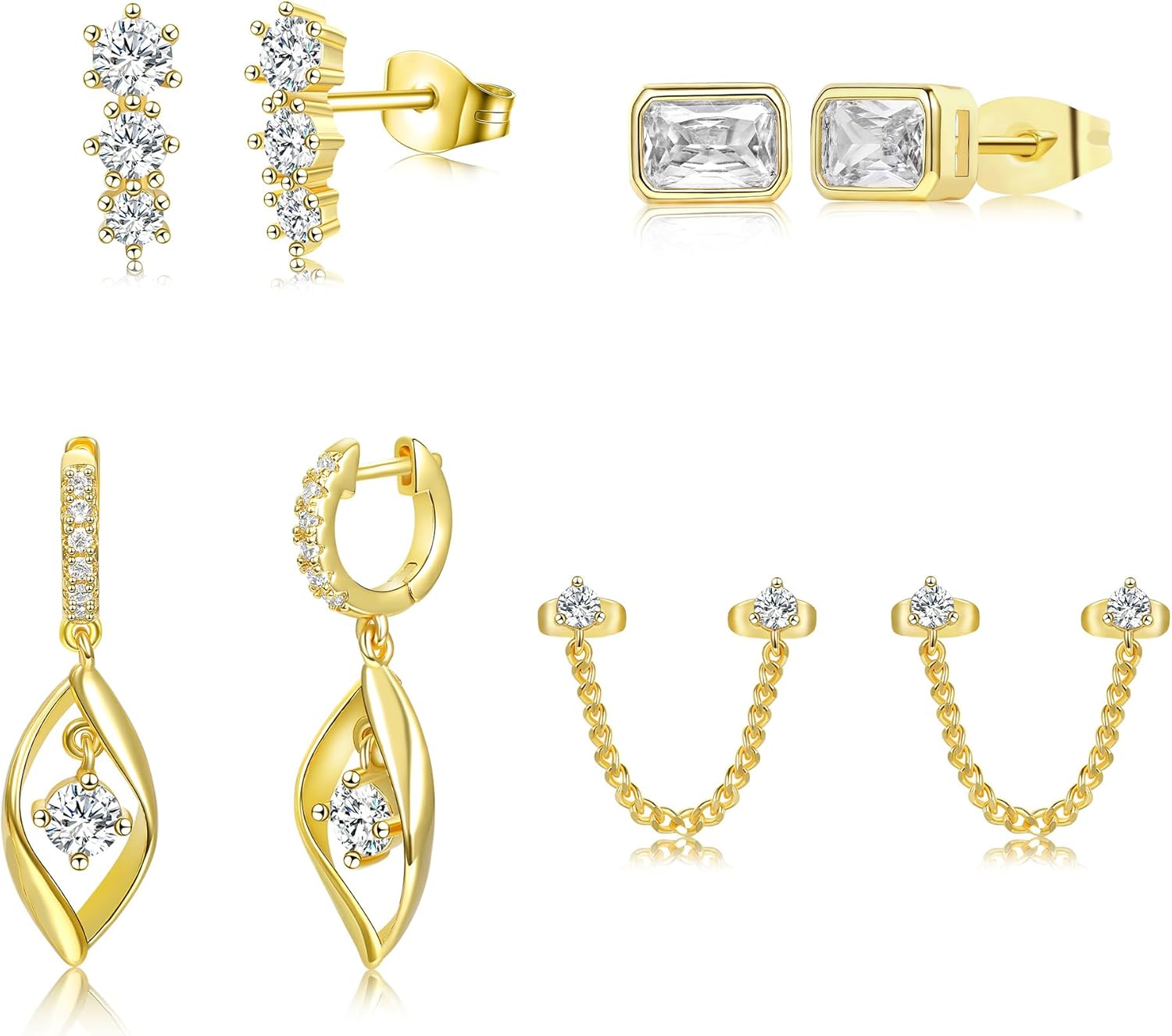 4 Pairs Hoop Dangle Earrings stud-earrings Sets,18K Yellow Gold Plated Irregular Earrings Set Dainty Cubic Zirconia Earrings Stacks for Women