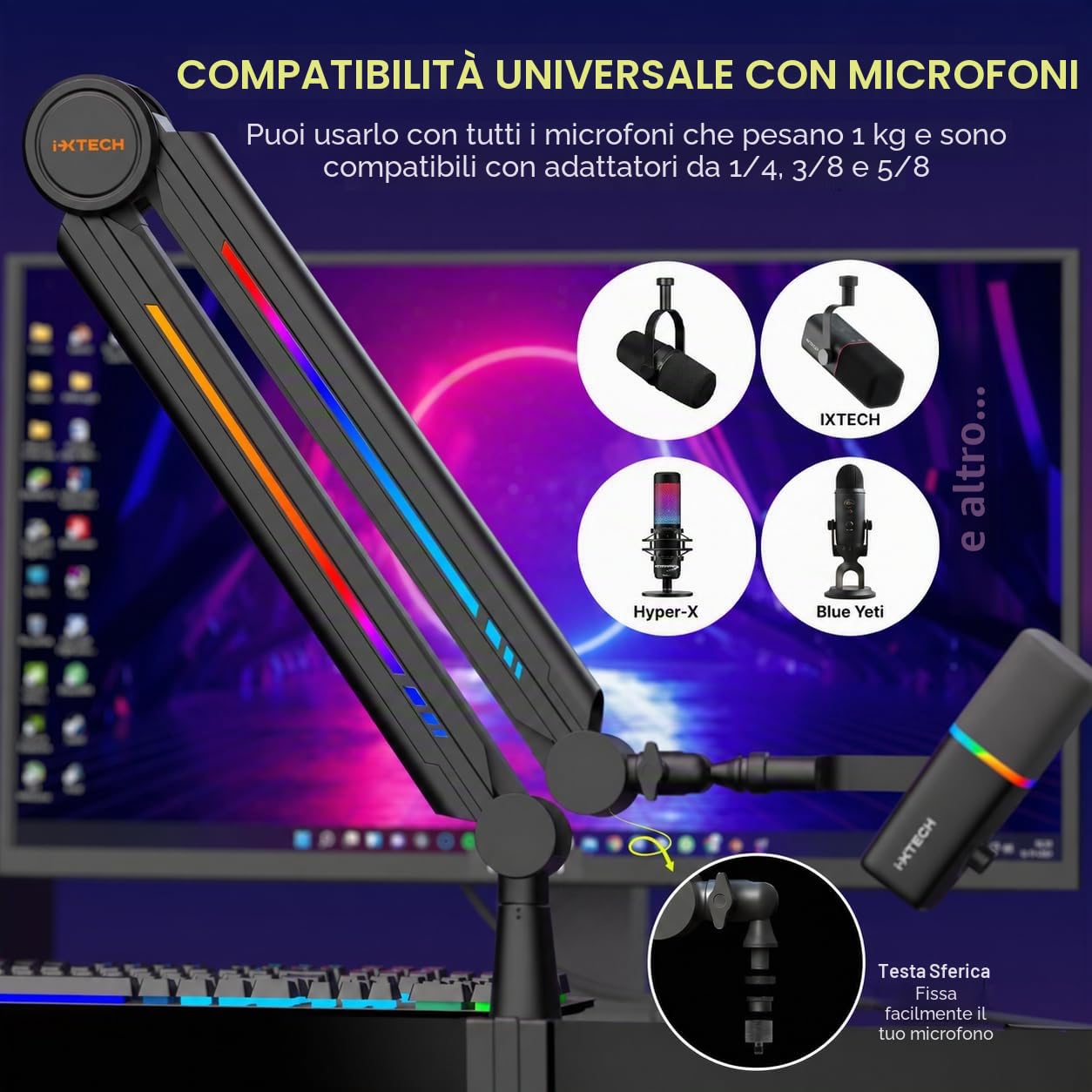 IXTECH Supporto per microfono RGB ad alto profilo, braccio per microfono da scrivania, supporto regolabile per microfono con supporto da scrivania, braccio per microfono per live streaming gaming