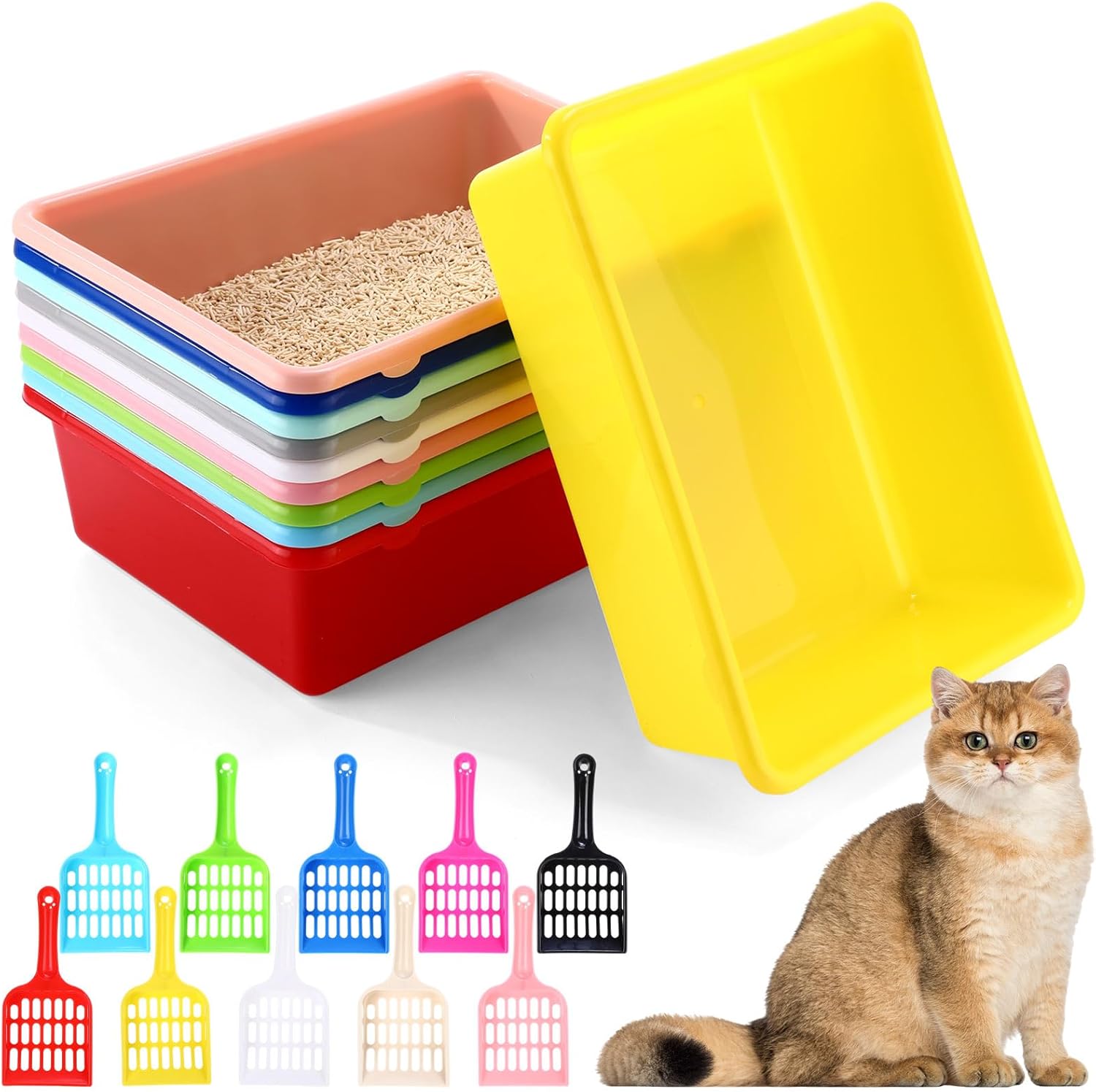 LemonRoad 10 Set Kitten Litter Box Small Cat Pet Litter Pan with 10 Scooper Bulk 15.35''x11.42''x4.72'' Medium Plastic Kitten Box Colorful Nonstick Cat Toilet Pet Bunny Guinea Pig Supplies