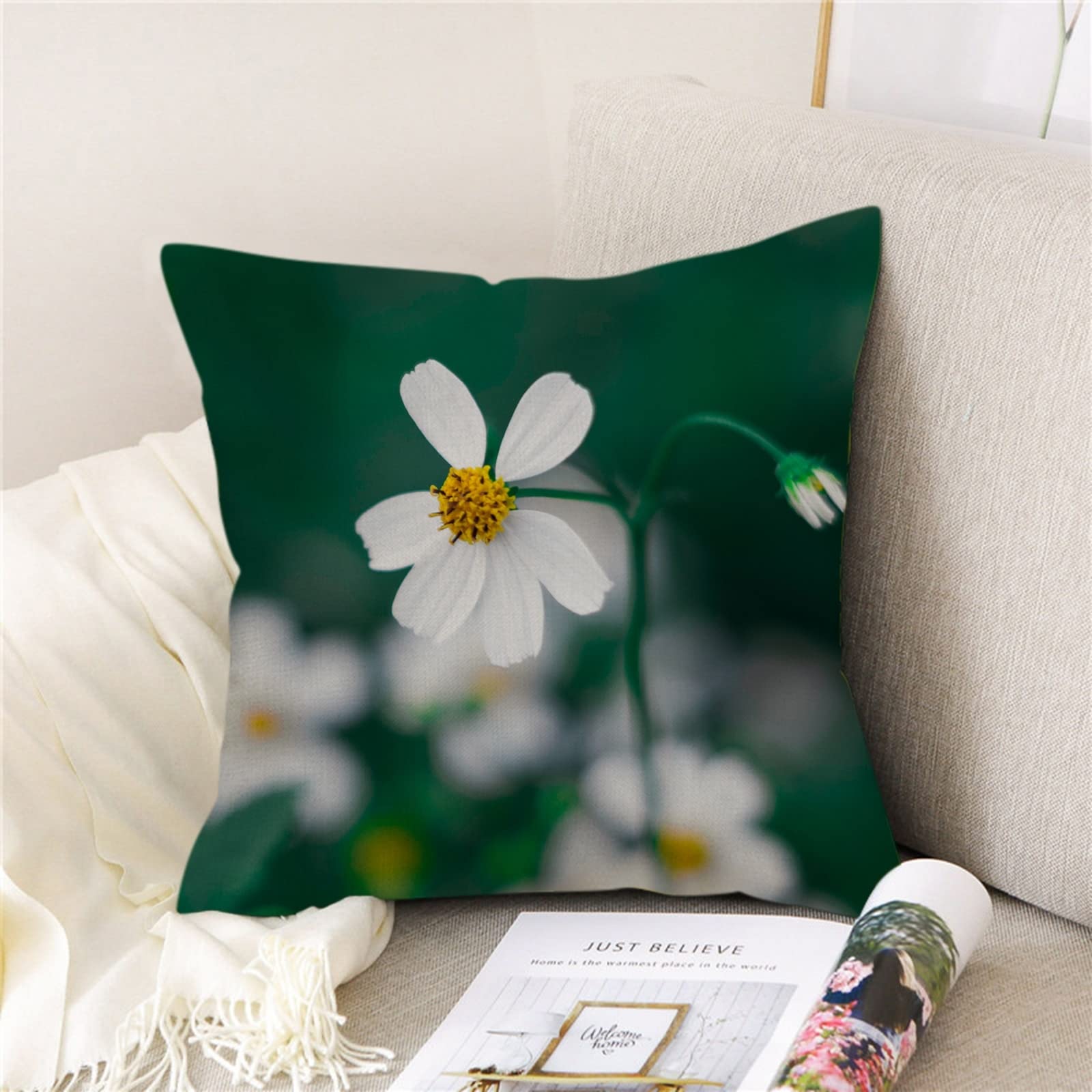 4 federe per cuscino tinta unita 50 x 50 cm, in cotone bianco, verde, bianco, motivo fiori bianchi, federa per soggiorno, divano, camera da letto