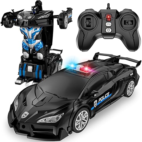 LNNKINE Remote Control Car, Transform Robot RC Cars, 2.4Ghz 1:18 Scale Transforming Police Car Toy with LED Light, One-Button Deformation and 360° Rotating Drifting, Toys for Boys Age 4-7 8-12