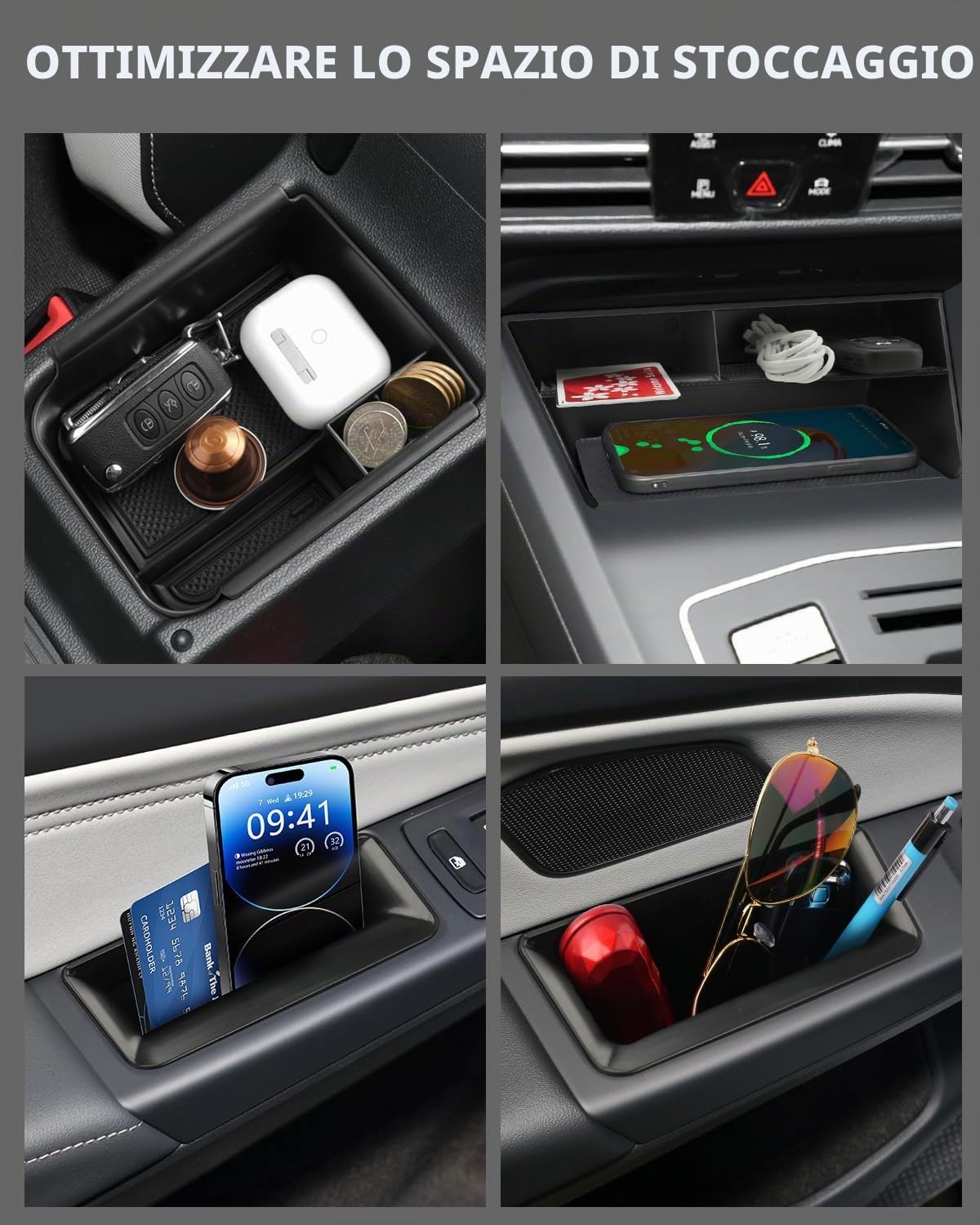 (6 Pezzi Vano Portaoggetti per VW Golf MK8 GTI GTE GTD 2020-2025 | Organizer Console Centrale, Organizer Bracciolo, Organizer Vassoio per Maniglia Porta, Materiale ABS, con Tappeti Antiscivolo
