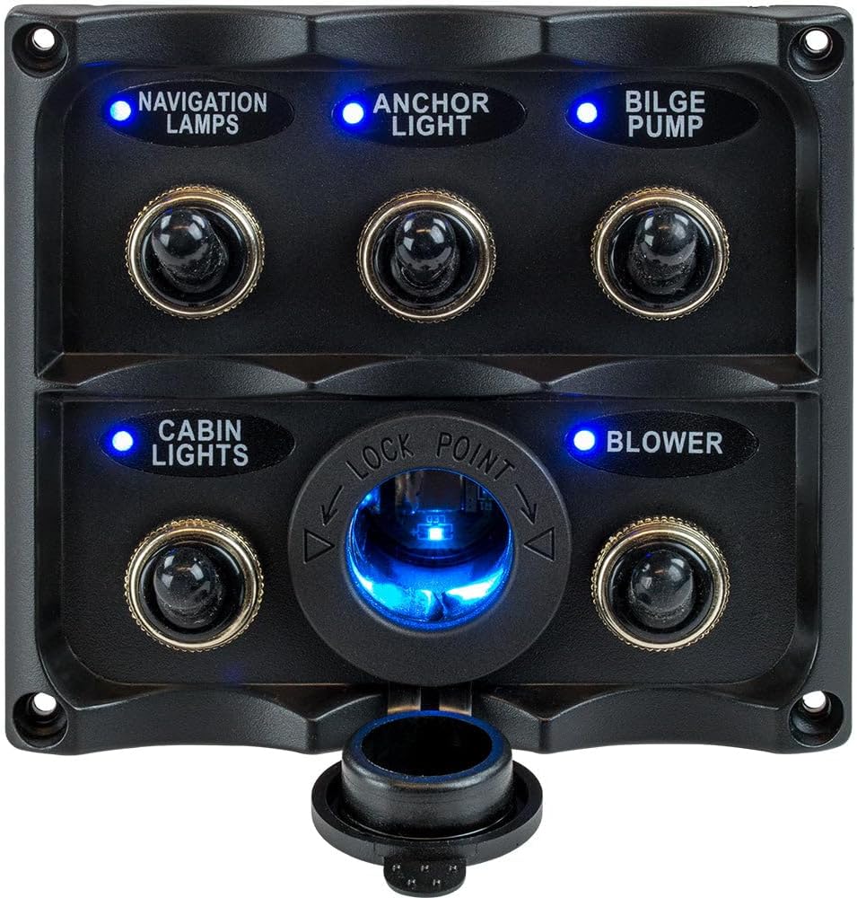 Sea-Dog Water Resistant Toggle Switch Panel w/LED Power Socket - 5 Toggle