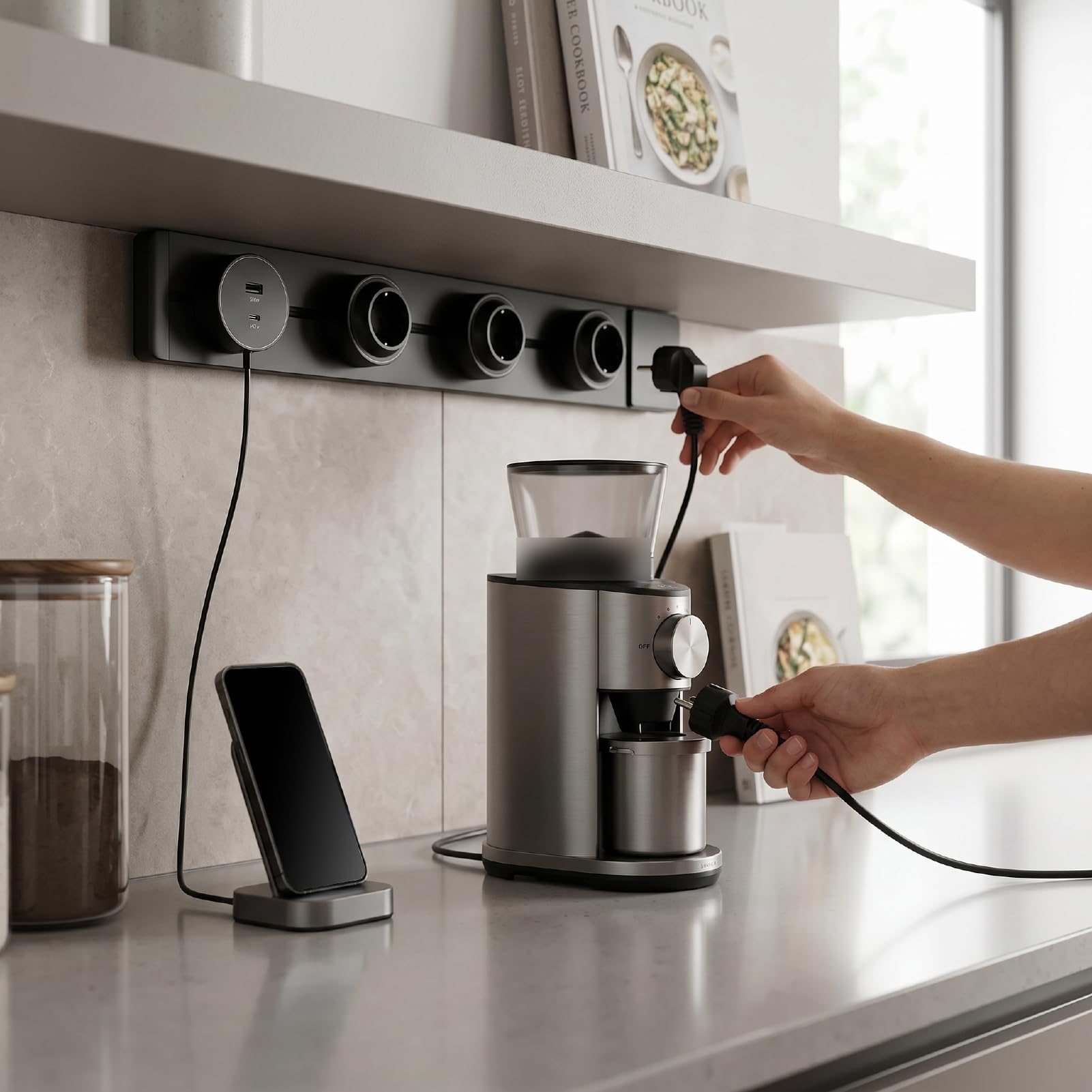Presa Power Track da 60 Cm, 3 Prese CA con USB A e C, Luce Blu da