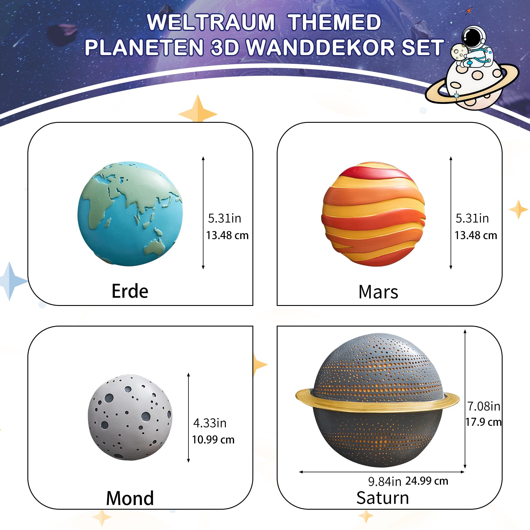 FJSPERM 4Pcs Weltraum Planeten Wanddeko Kinderzimmer Deko, Moderne 3D Weltraum Thema Wanddeko Planeten Sonnensystem Kinder Dekorationen für Wohnzimmer, Schlafzimmer