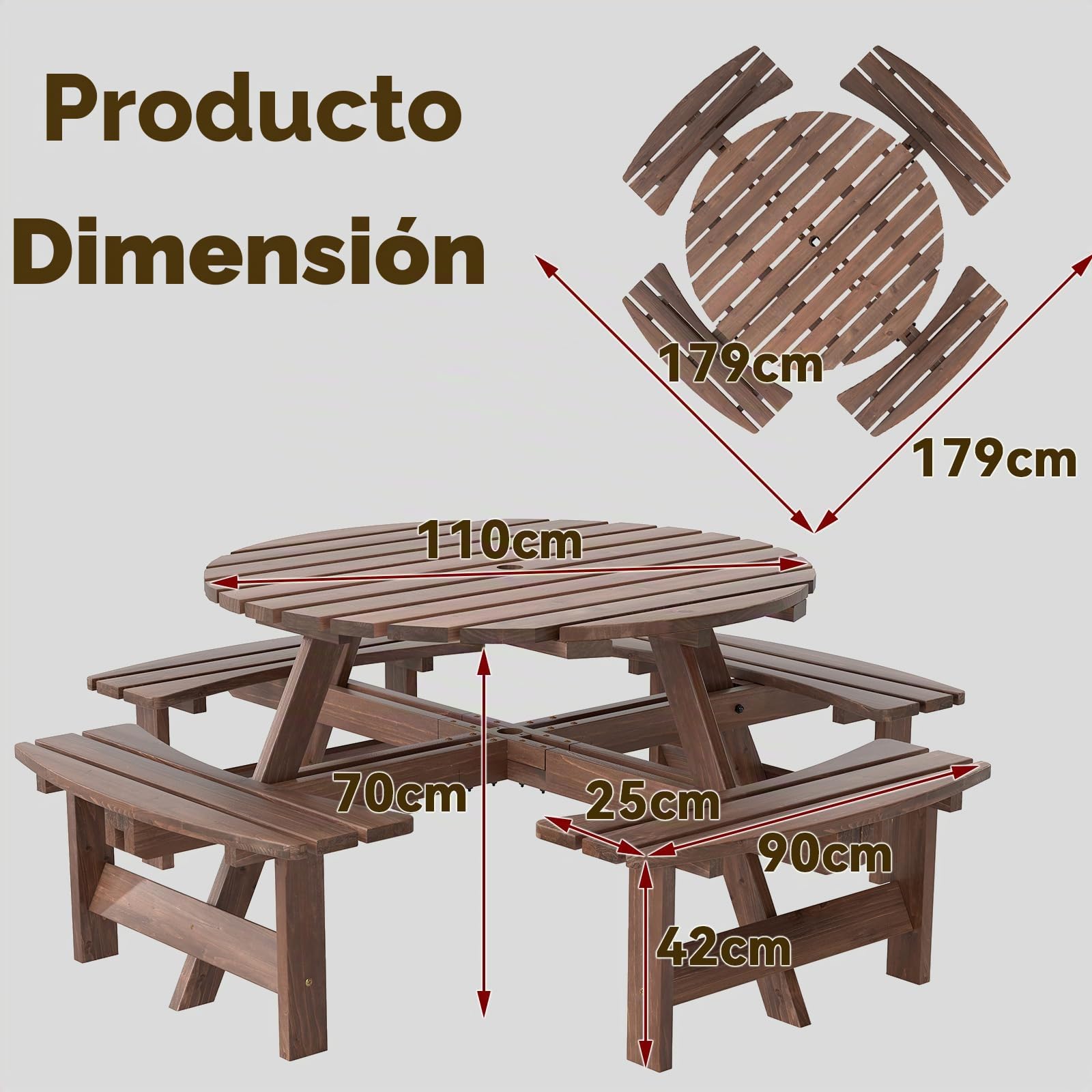 GIANTEX Mesa de Picnic con 4 Bancos para 8 Personas, Mesa de Comedor de Madera de Abeto con Agujero de Sombrilla, 179 x 179 x 70 cm, Juego de Muebles para Patio, Jardín, Terraza (Marrón)