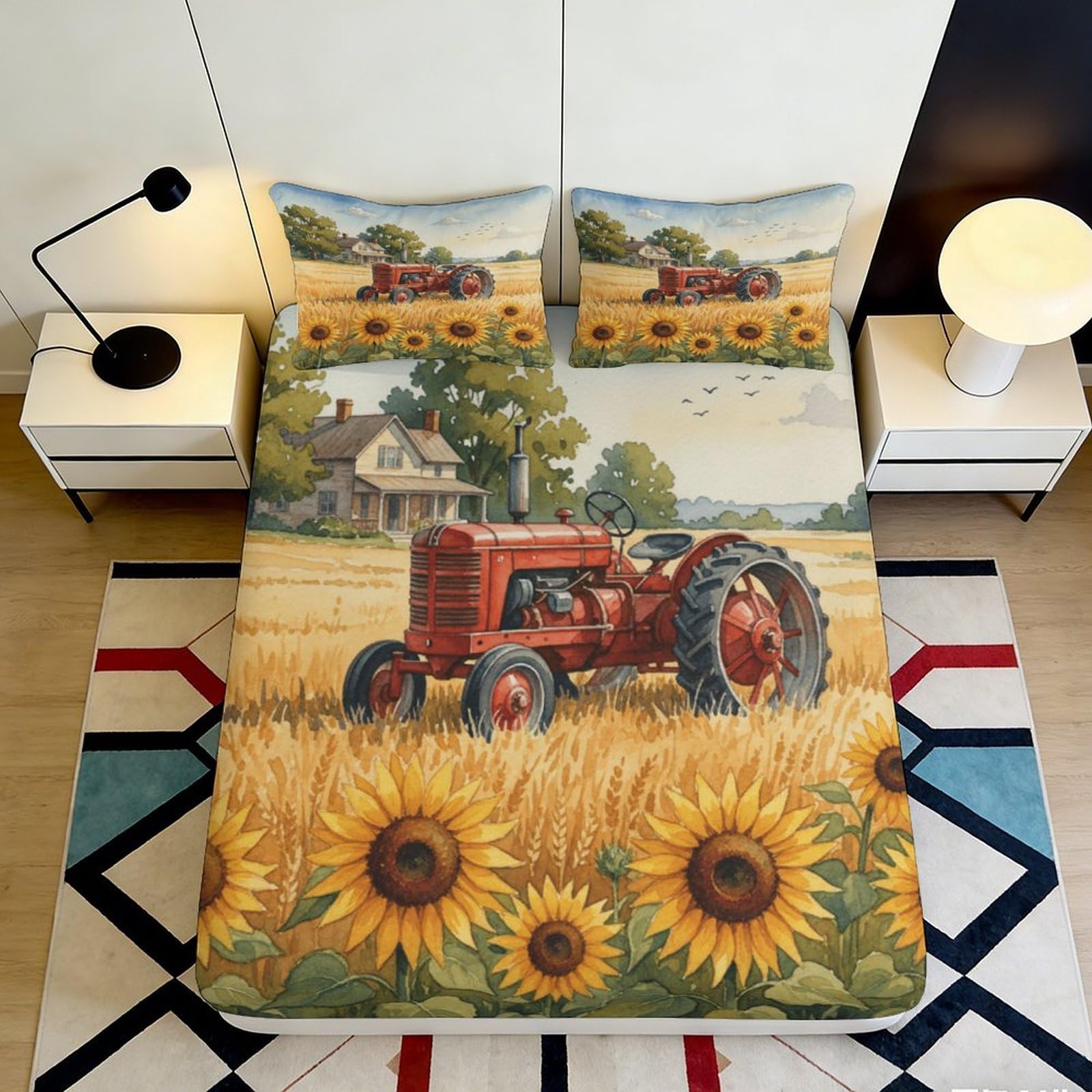 3D Printed Sunflower Tractor Fitted Sheet Microfiber Soft Yellow Countryside Bed Cover for Bedroom Dorm Mattress Protector 90x200x25cm