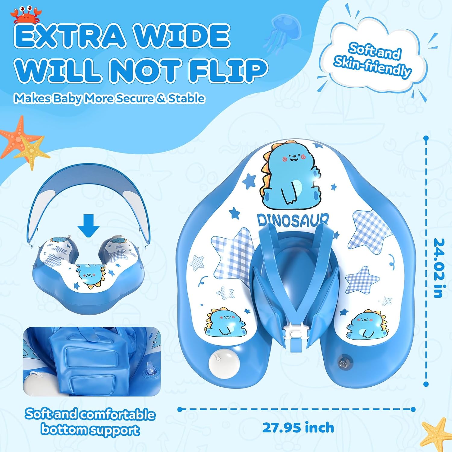 Baby Pool Float with Canopy UPF50+, Adjustable Baby Float, Suitable for Infants and Toddlers,Removable Sun Canopy, 5-Point Safety Harness, Lightweight Portable Pool Float for Home,6M-6Y