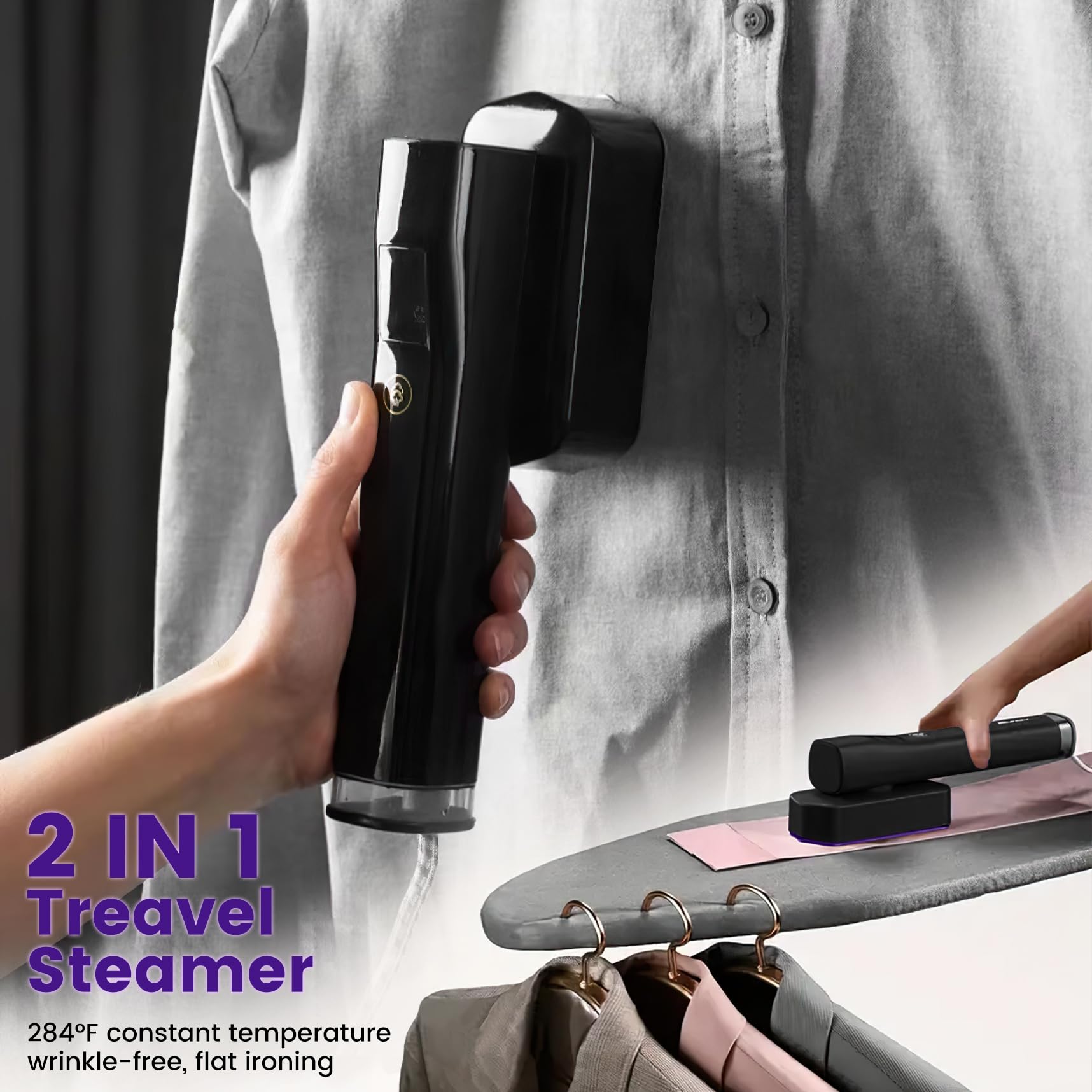 Vaporizador portátil para ropa, vaporizador portátil de visualización LCD de viaje, tres funciones opcionales, voltaje de 1200 W, fuerte plancha de vapor dos en uno, tanque de agua