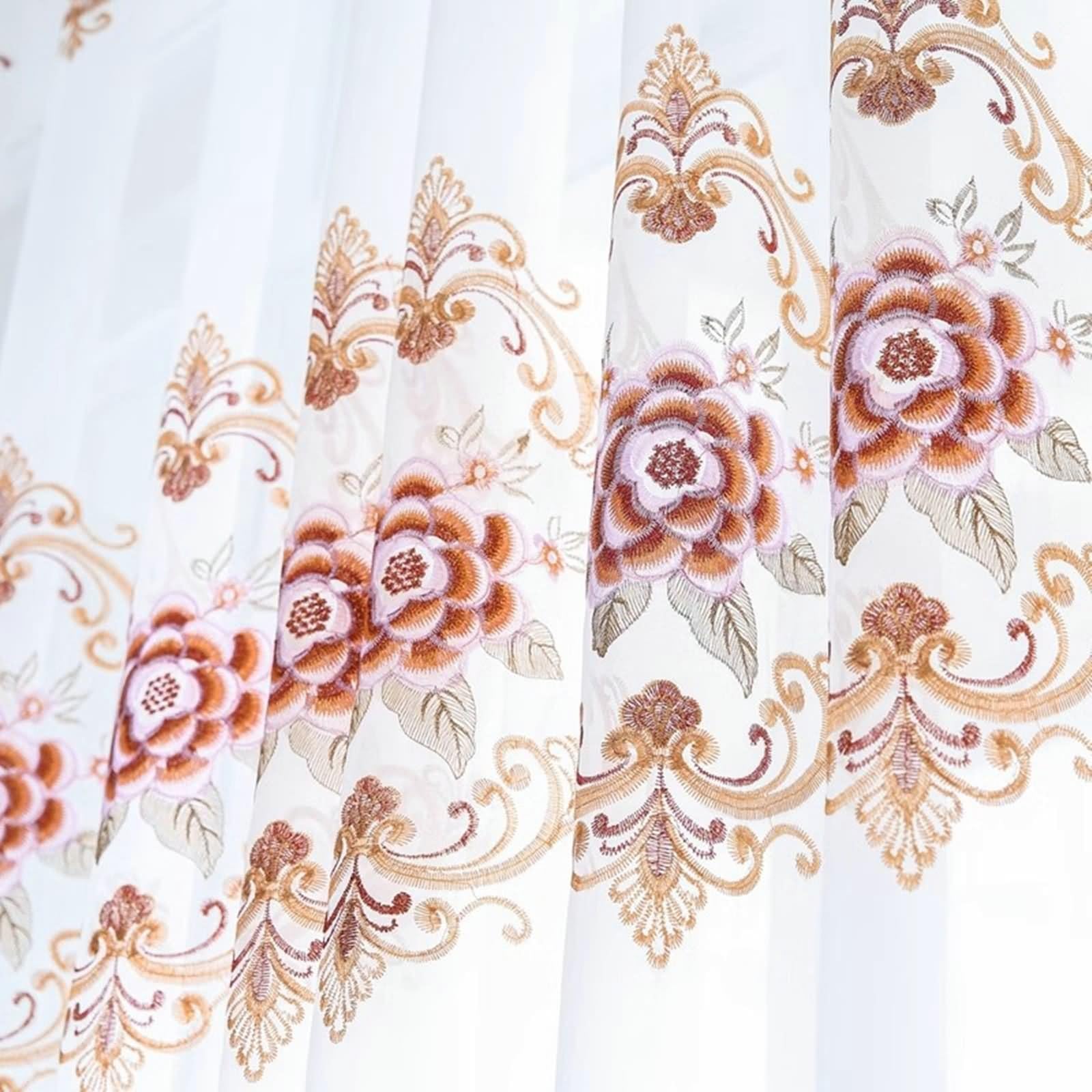 Curtains Transparent, Rideau Exterieur Voilage Blanc Brun Pivoine Brodée Polyester 2 Panneaux 107W x 229L cm
