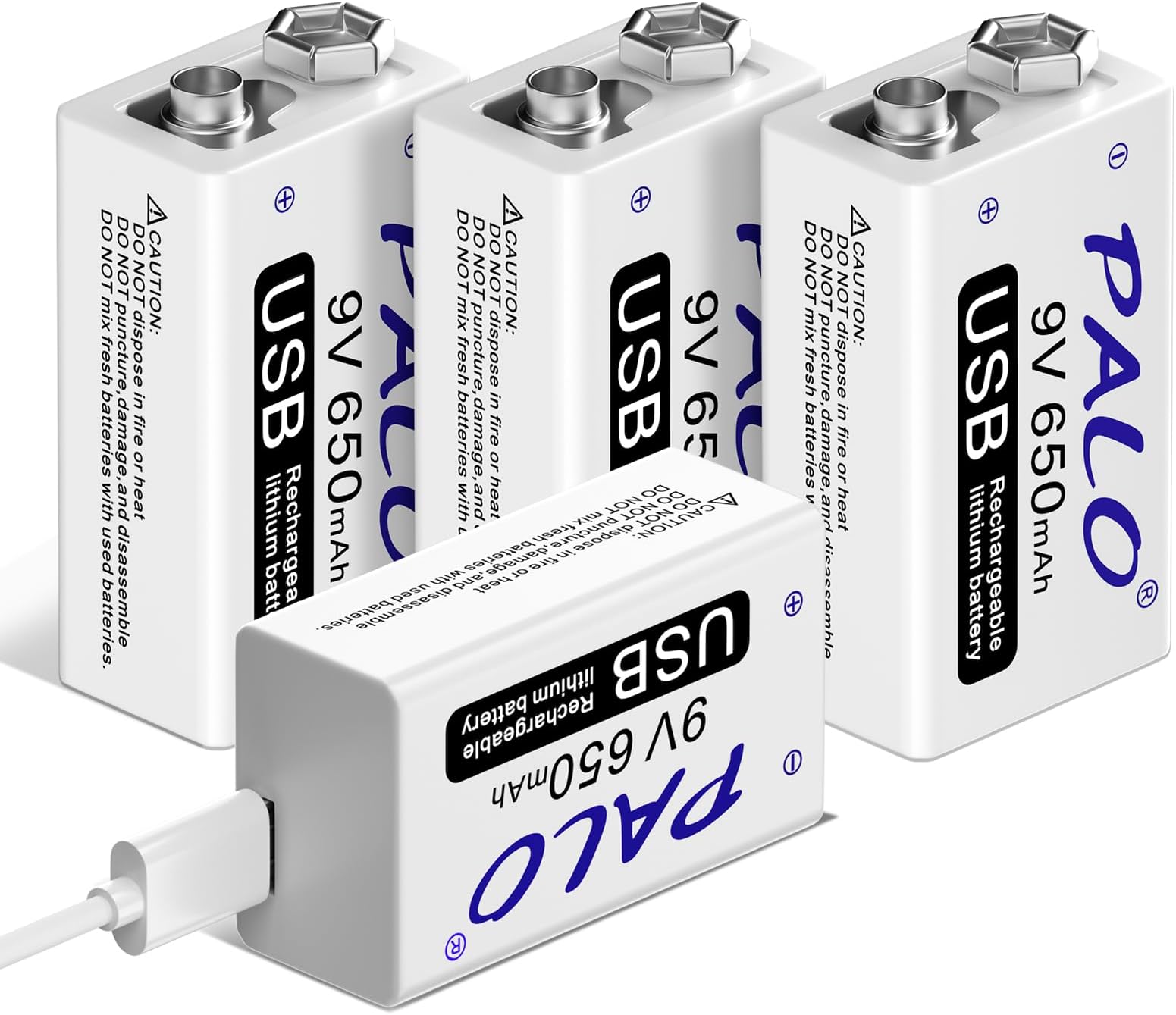 4Pack 9V USB 650mAh Li-ion rechargeable battery with 2 in 1 USB cable for keyboard microphone smoke alarm