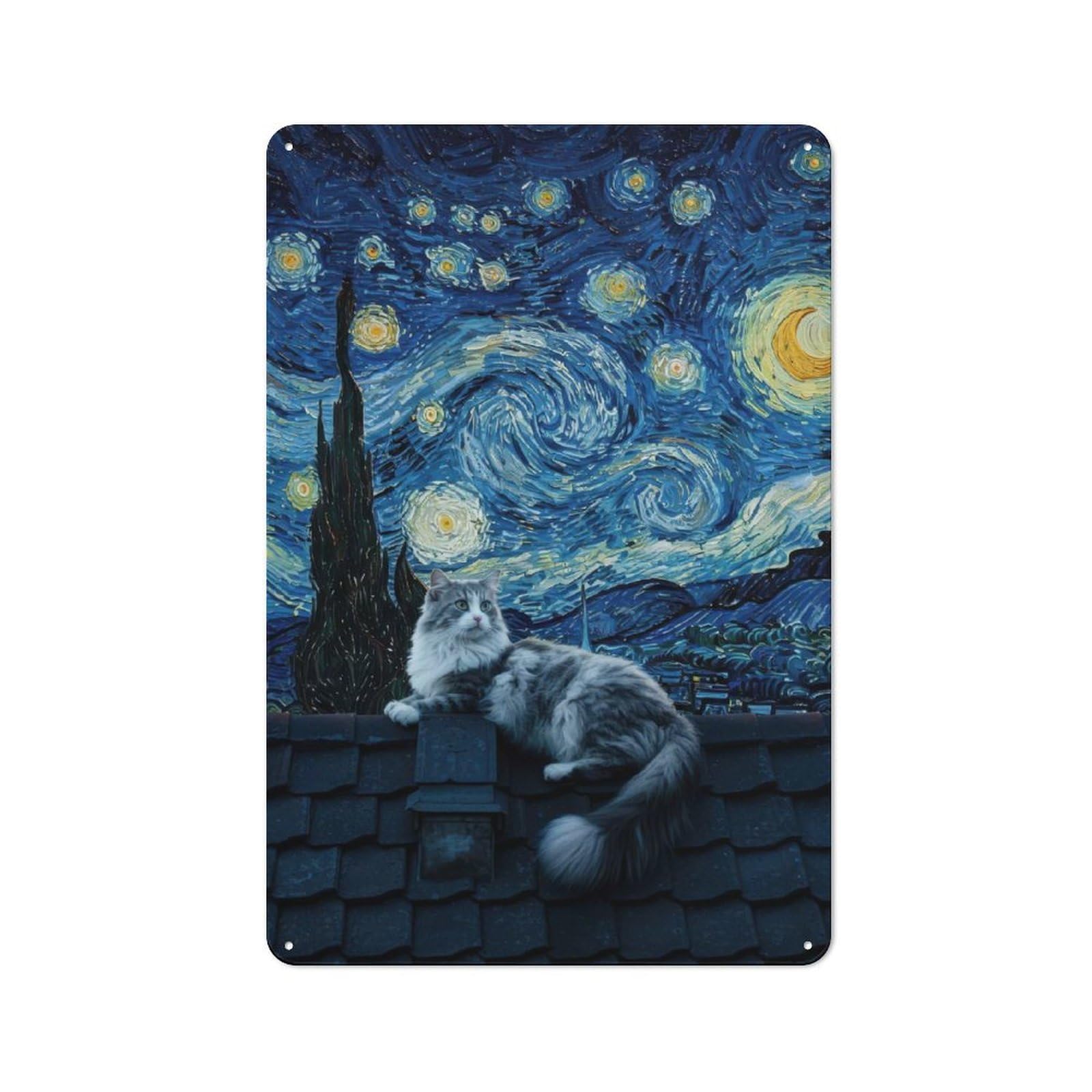 Junmoney Cat On Roof, Starry Night Style Rustic Tin Sign 30X20cm For Man Cave Or Games Room, A Decorative Gift For A Newly Furnished Man Cave And Games Room