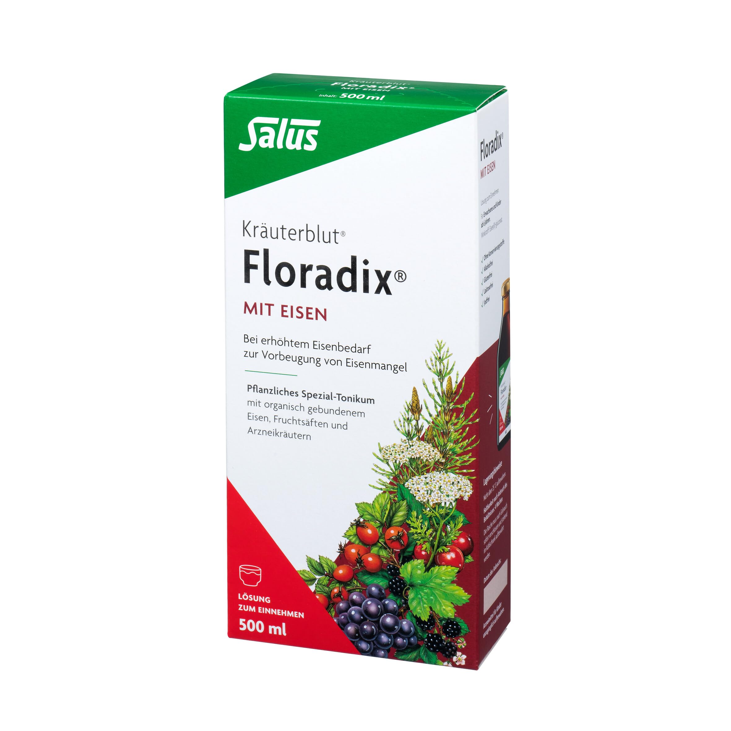 Salus Kräuterblut Floradix mit Eisen – Bei erhöhtem Eisenbedarf zur Vorbeugung von Eisenmangel – mit Eisen(II)-gluconat – freiverkäufliches Arzneimittel, 500 ml – rot