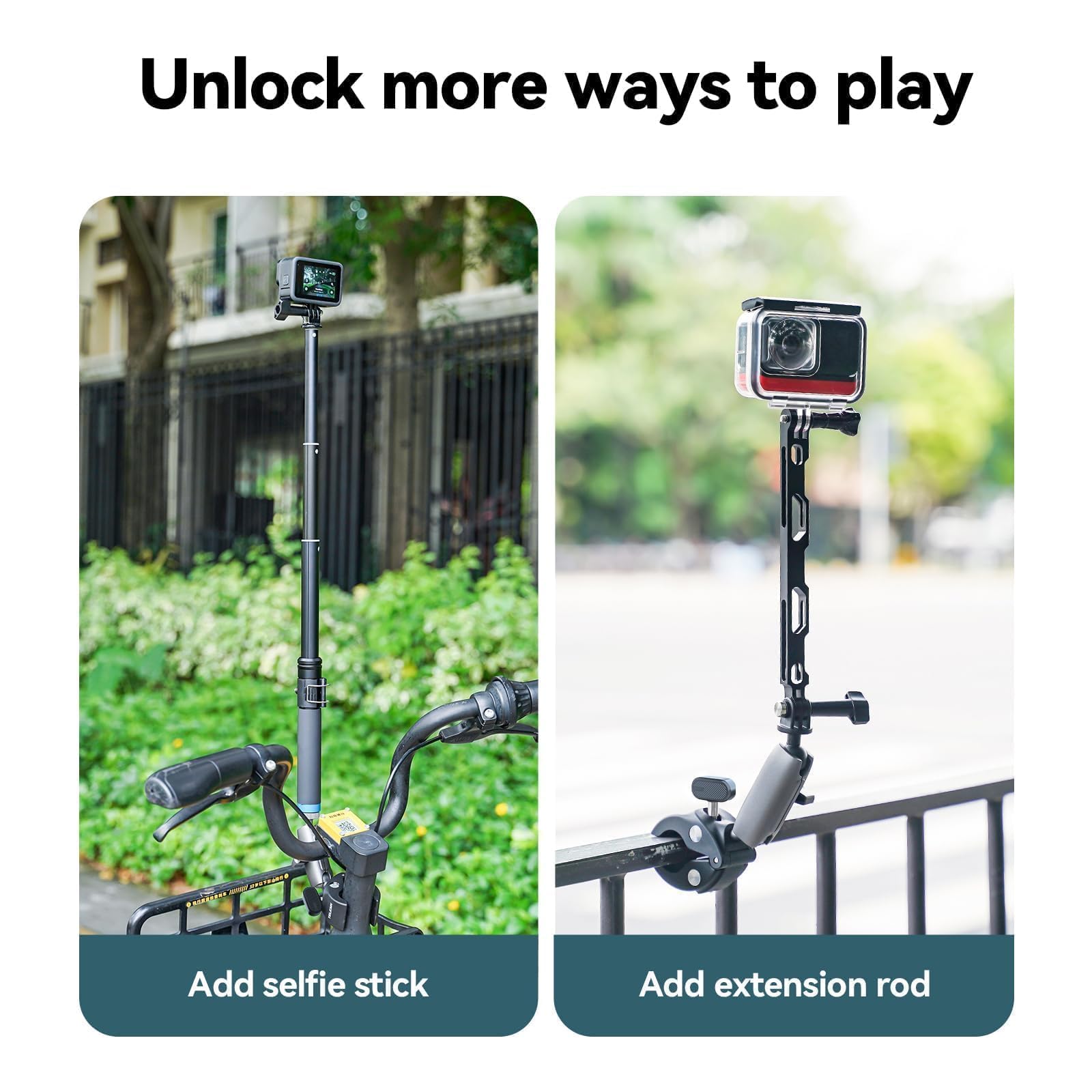 TELESIN Supporto Moto/Bicicletta per DJI Osmo Action 6/5 Pro/4/3, Pocket 4/3, Nano, GoPro Hero 13/12/11/10/9, Insta360, con Doppia Testa a Sfera 360° e Adattatore 1/4"-20mm, Accessori per Action Cam