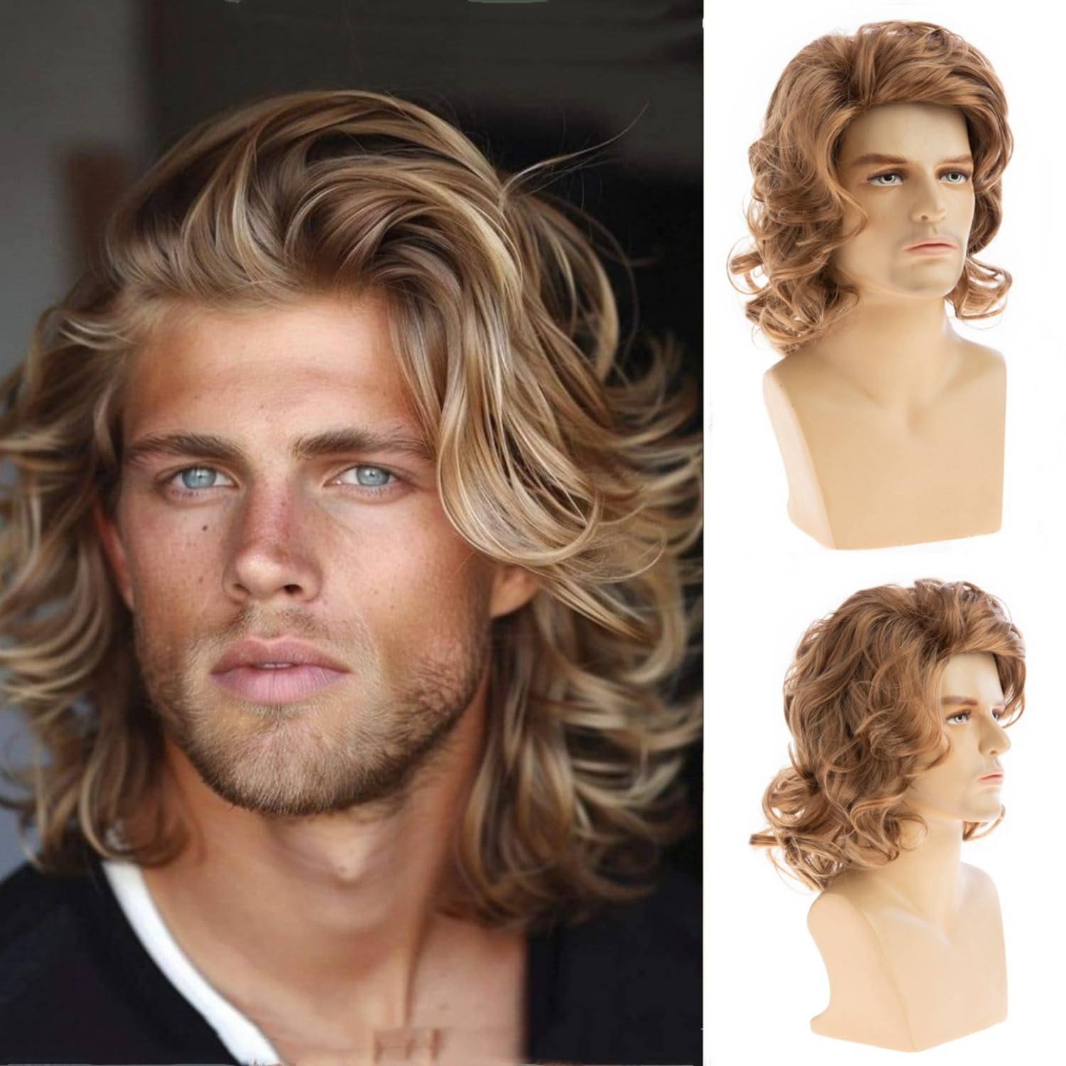 Beweig Mens Wig Short Wavy Light Brown Wig Short Curly Layered Natural Synthetic Heat Resistant Hair Daily Cospaly Party Halloween Male Wig