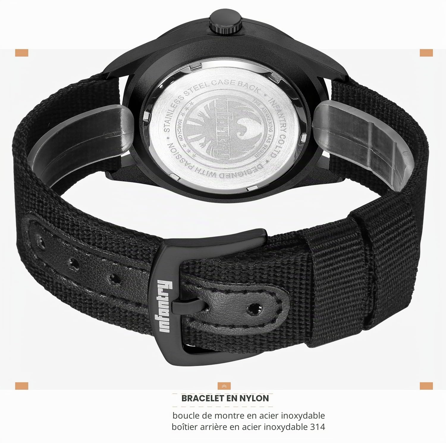 Infantry Military Watches for Men, Mens Field Wrist Watch for Tactical Outdoor Sport, Army Work Analogue Wristwatch, Date Day Display, 50M Waterproof, Black Nylon Strap