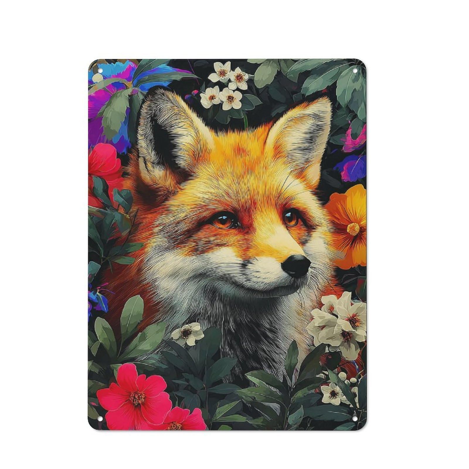 Junmoney Fox Amidst Flowers -1 Retro Metal Plaque 40X30cm For Guest Room Or Hallway, Housewarming Present For People Styling Guest Room And Hallway
