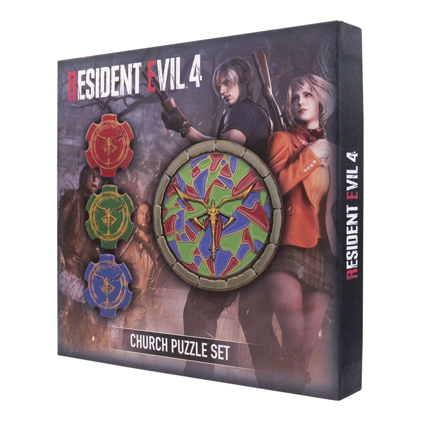 FaNaTtik Resident Evil 4 Church Puzzle zestaw medalionów – limitowana edycja kolekcjonerska (replika emblematu Las Plagas, 4 medaliony ze stojakiem), oficjalna licencja i numerowane pudełko