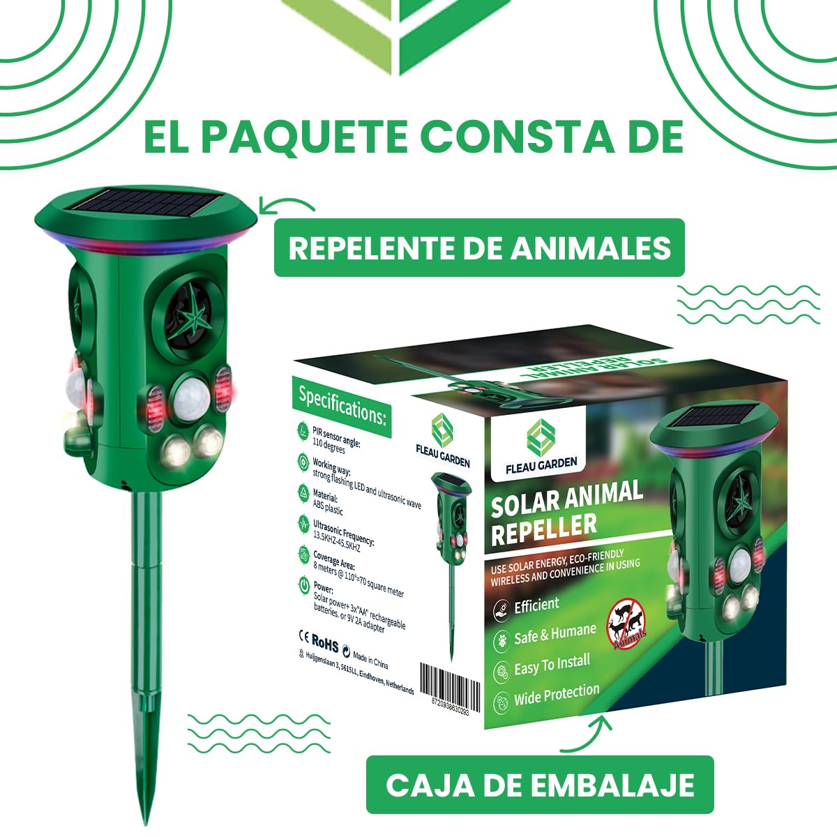 Repelente de Gatos Fleau Garden Pro - Repelente de Animales - Ultrasónico - Energía Solar - Repelente de martas - de Palomas - de plagas - Resistente al Agua