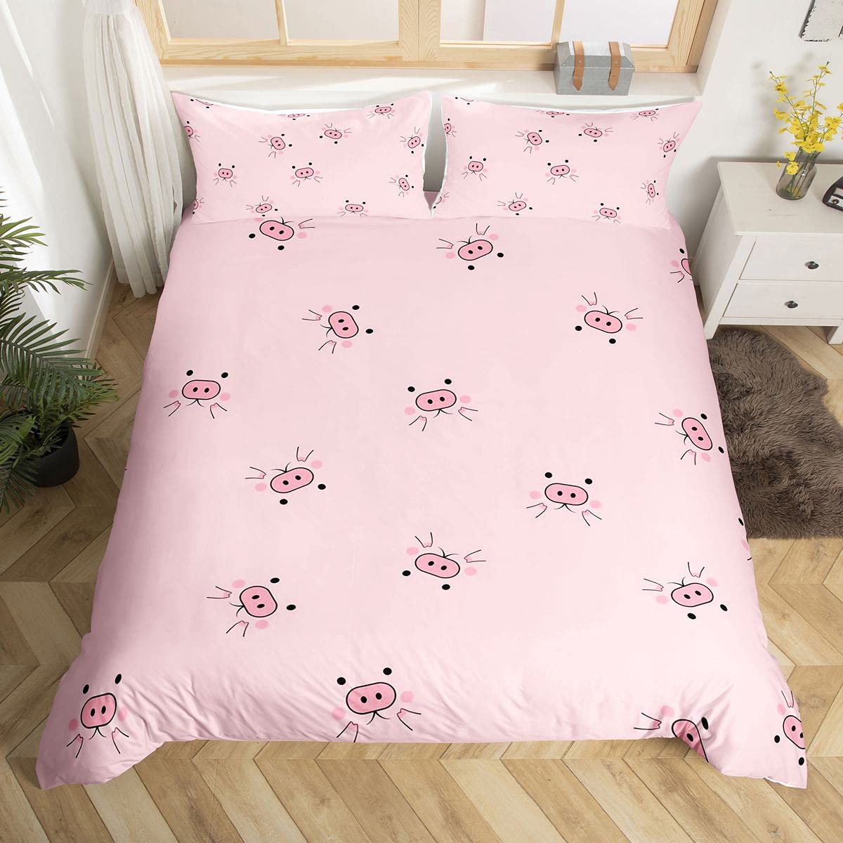 Loussiesd Pig Bedding Set Pink Girls Cute Cartoon Pigs Comforter Cover Set for Kids Teens Women Kawaii Duvet Cover Breathable Lovely Farm Animal Bedding & Linen Single Size — image 1