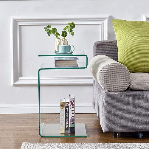 Miniatura 1 de Mesitas de noche en forma de S para dormitorios, mesita de noche de cristal con estantes de almacenamiento, mesa auxiliar pequeña para sala de estar