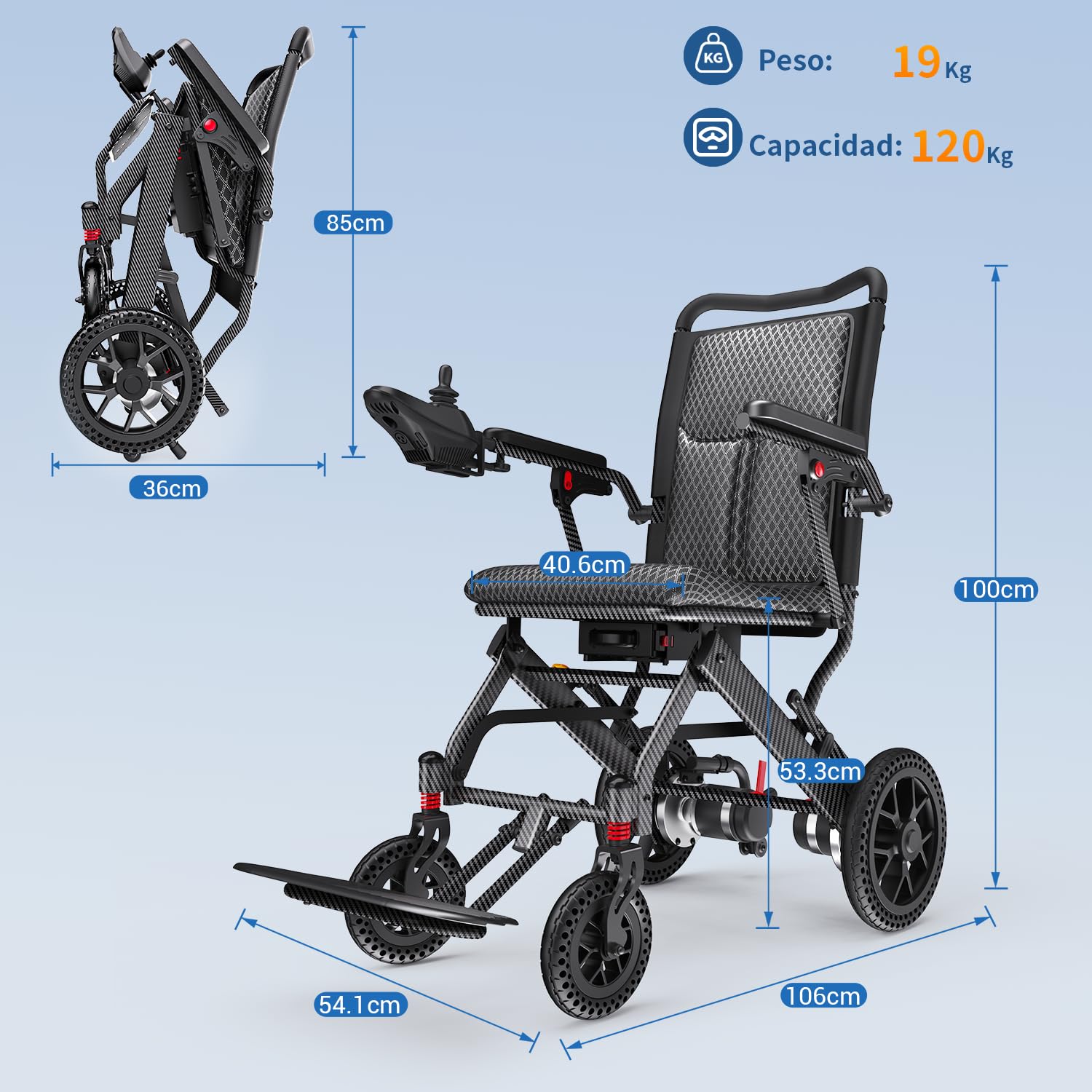 E10 Silla de Ruedas Eléctrica Ligera de 19 kg para Adultos, Portátil y Plegable, con Autonomía de 25/50 km, Motor 500W y Batería de Litio 12Ah, Todoterreno, Capacidad de Carga 150 kg