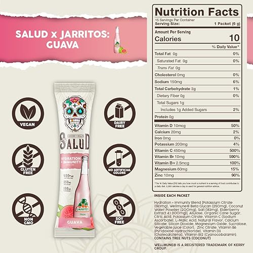Miniatura 3 de Salud x Jarritos - Paquetes de hidratación 2 en 1 + electrolitos inmunes en polvo, guayaba, mezcla de bebida Agua Fresca, saúco, sin lácteos y soja,