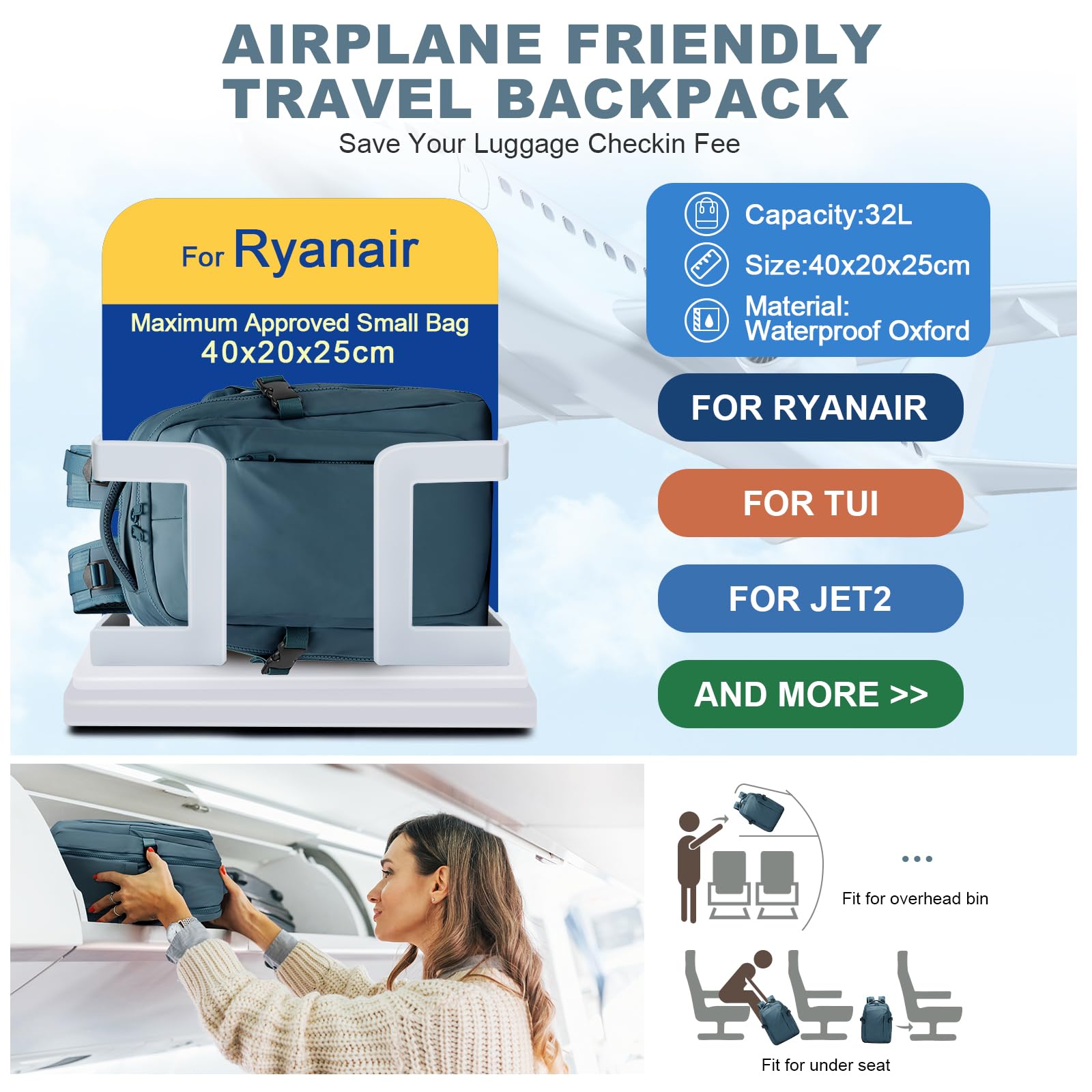 SZLX Zaino Ryanair 40x30x20 Sottovuoto con Pompa Zaino Ryanair 40x20x25 Donna Zaino da Viaggio Wizzair Bagaglio a Mano Uomo per Laptop da 14 Pollici Borse da Cabina 45x36x20 Easyjet con Porta Scarpe