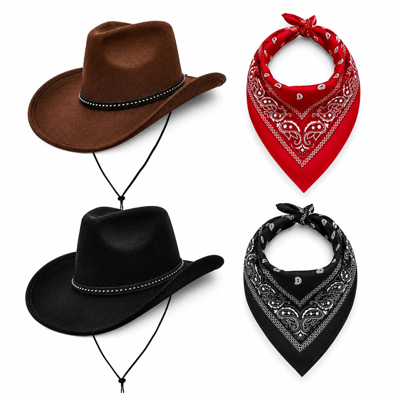 REDSTAR 4pc Cowboy Hat and Bandana Set - Unisex Western Cowboy Hat with Paisley Bandana for Men and Women Wild West Fancy Dress - Adult Cow Boy Accessories for Country and Western Fancy Dress