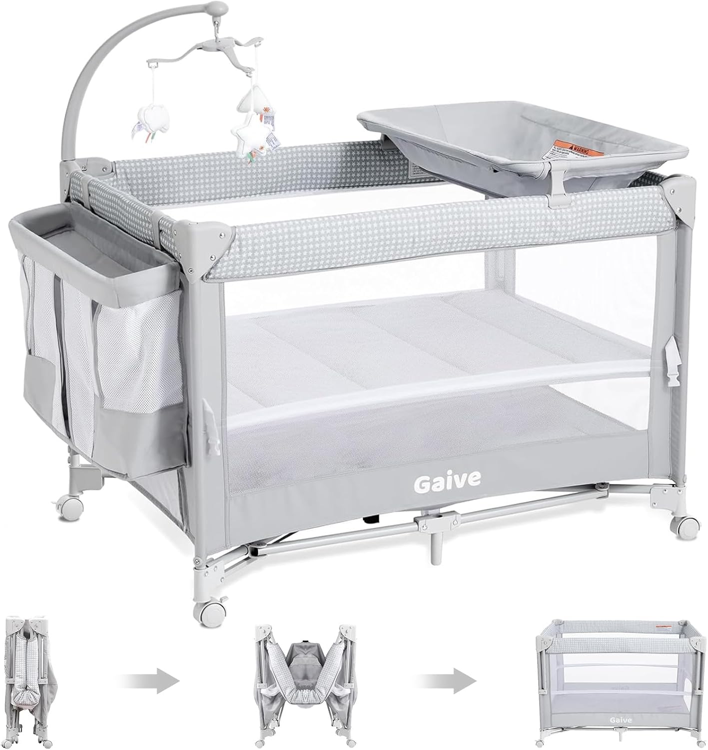 Baby Bassinet Bedside Crib, Pack and Play with Mattress, Diaper Changer, One-Push Setup Playards from Infants to Toddlers (Grey) Light Gray