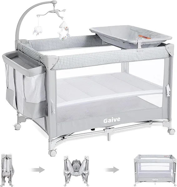 GAIVE Baby Bassinet Bedside Crib, Pack and Play with Mattress, Diaper Changer, One-Push Setup Playards from Infants to Toddlers (Grey)