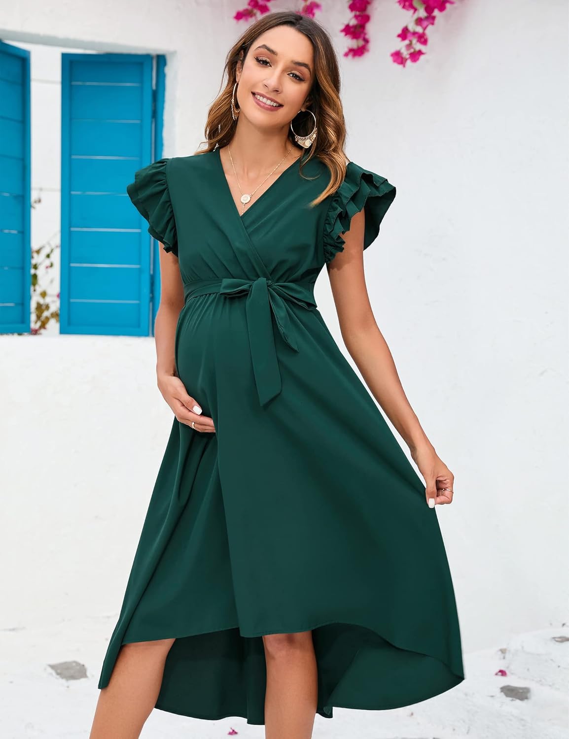 KOJOOIN Women's Maternity V-Neck 3/4 Sleeve Wrap Dress Casual Hi-Low Midi Tie Nursing Breastfeeding Dress with Belted